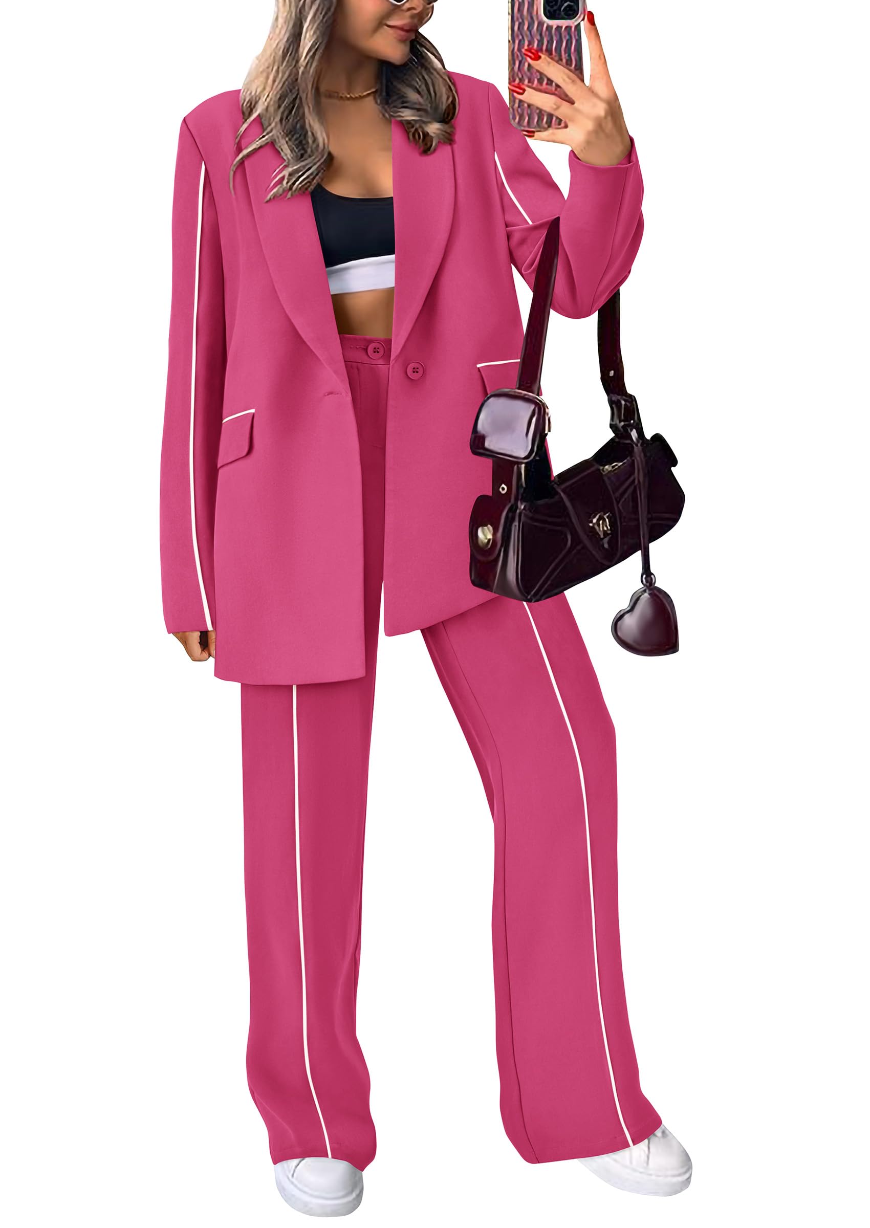 Women's 2 Piece Blazer Business Casual Outfits(Rose Red,S)