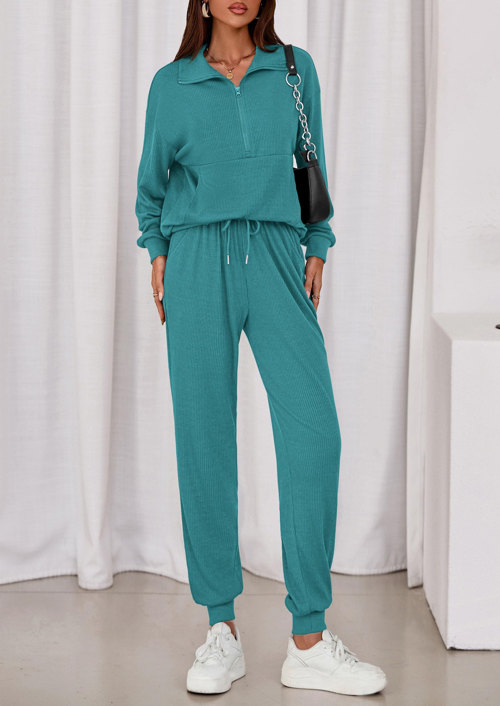 Airport Travel Outfit Women Ribbed Knit Matching Lounge Sets