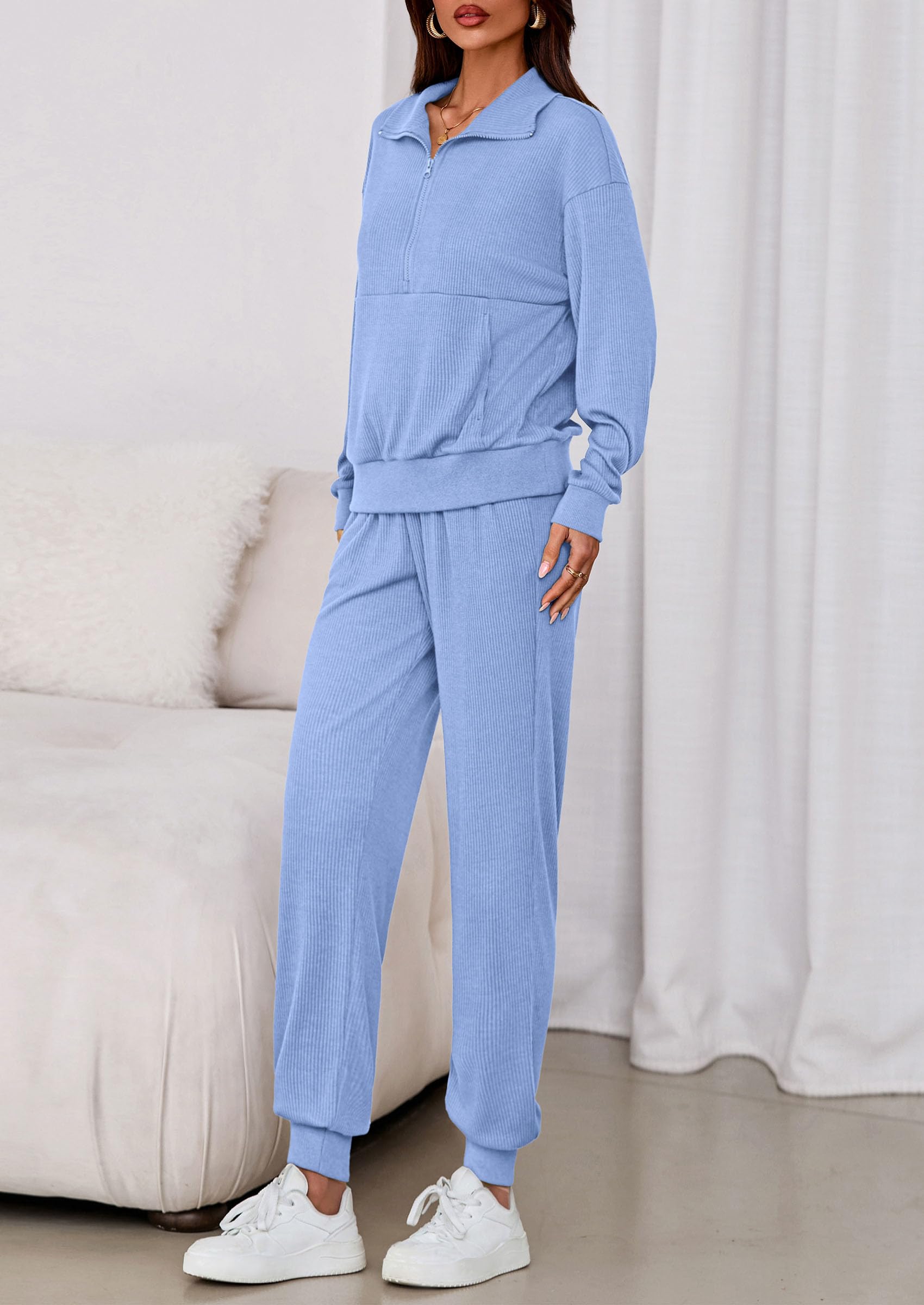Airport Travel Outfit Women Ribbed Knit Matching Lounge Sets