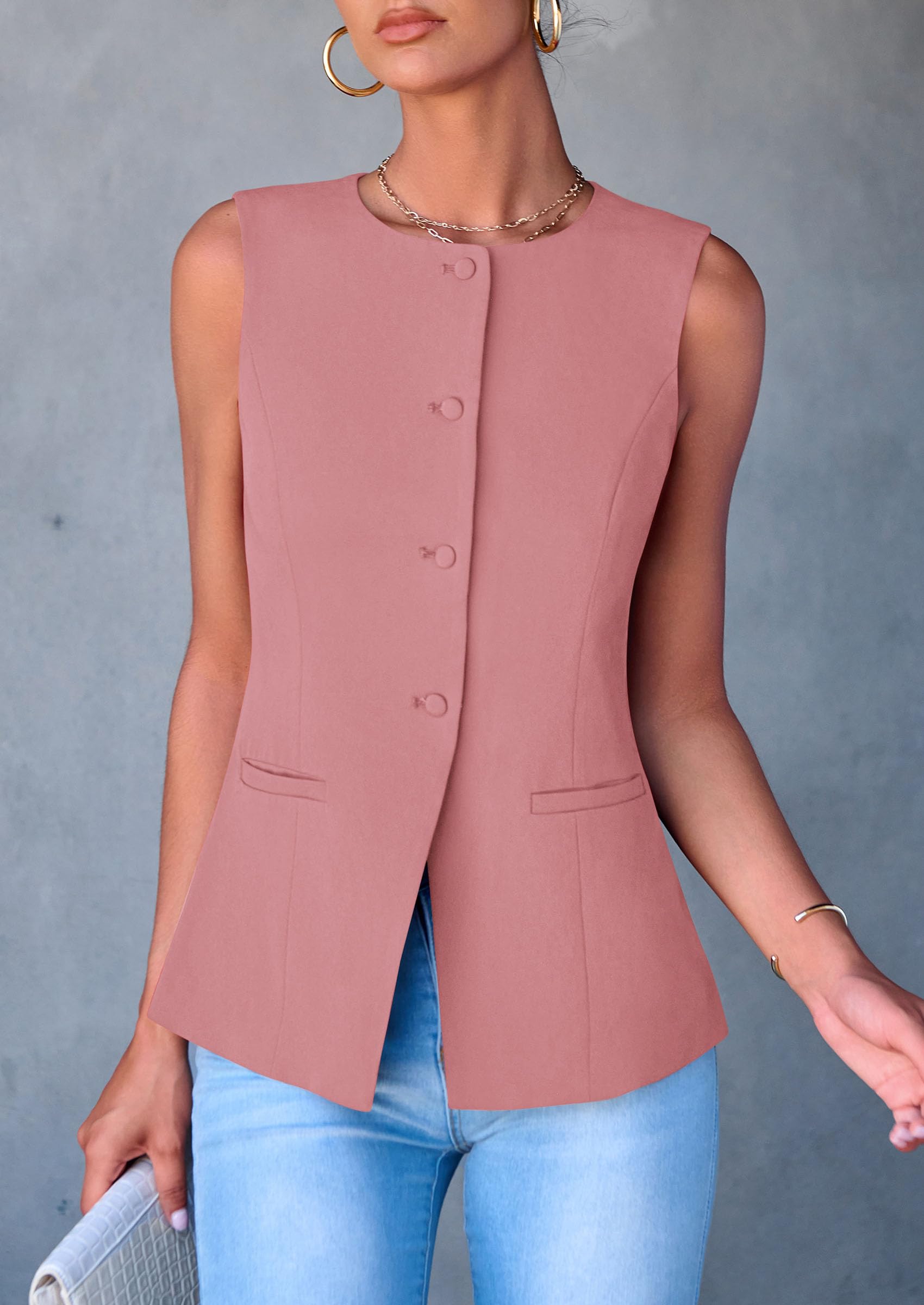 Women Tailored Suit Vest Business Casual Tops, Dark Pink,M