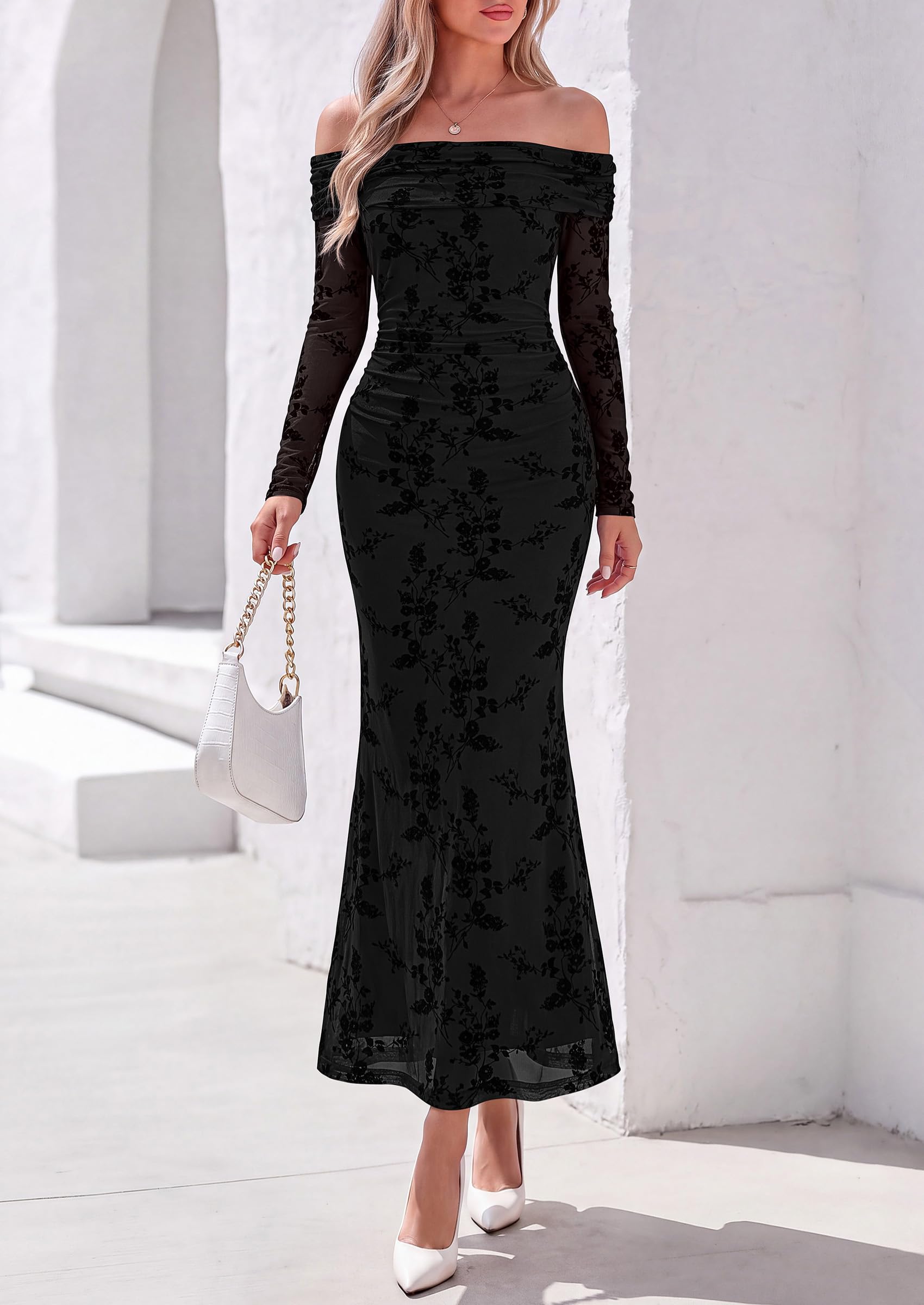 Womens Fall Off Shoulder Floral Maxi Wedding Guest Dress Black