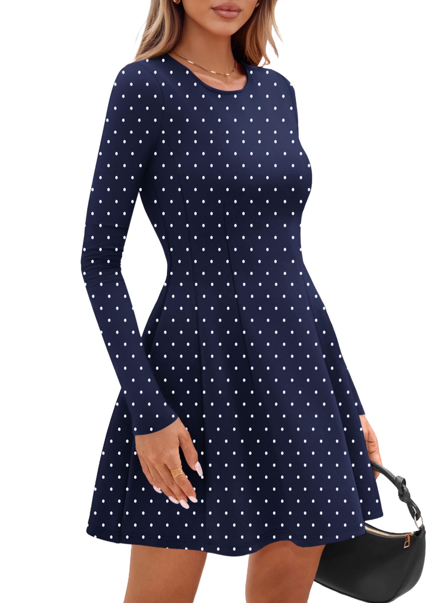Womens Long Sleeve Pleated Mini Dress,Dot Navy White,XS
