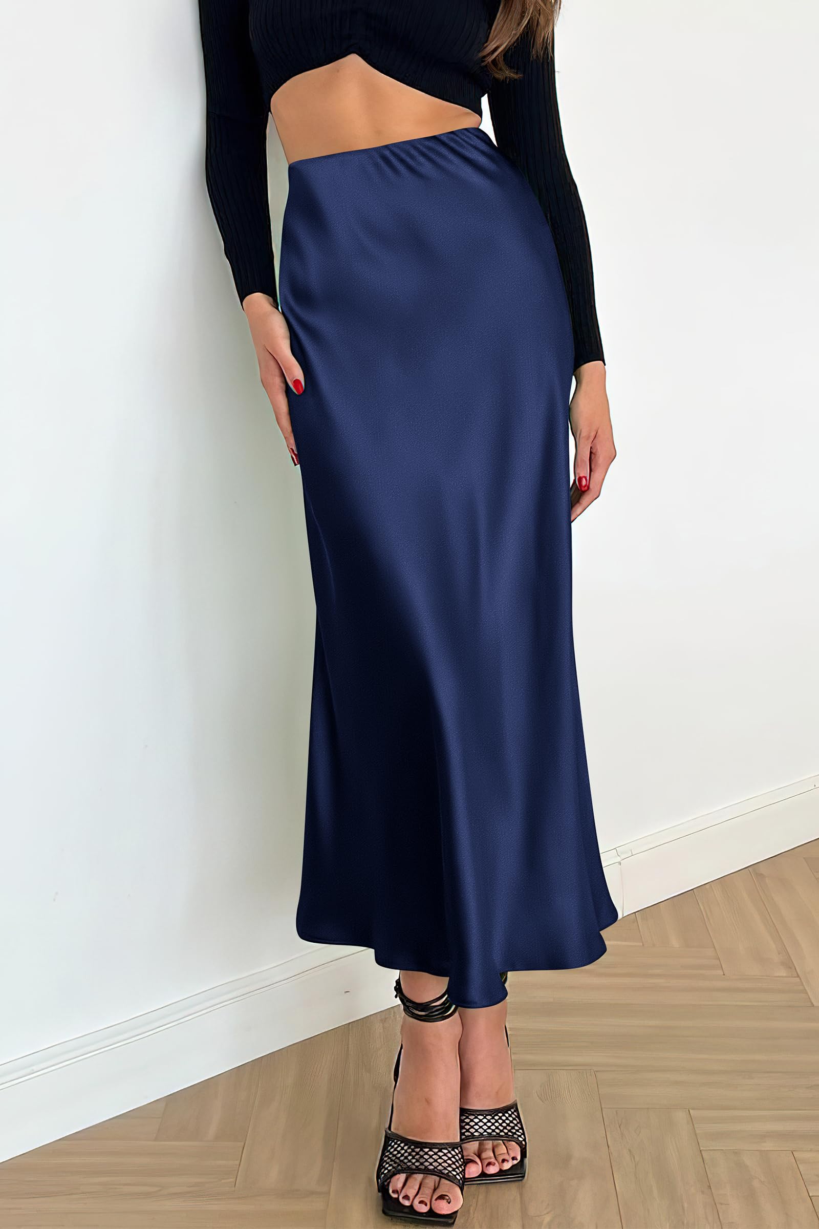 Women's Satin Midi Skirts Dressy Casual,Navy,S