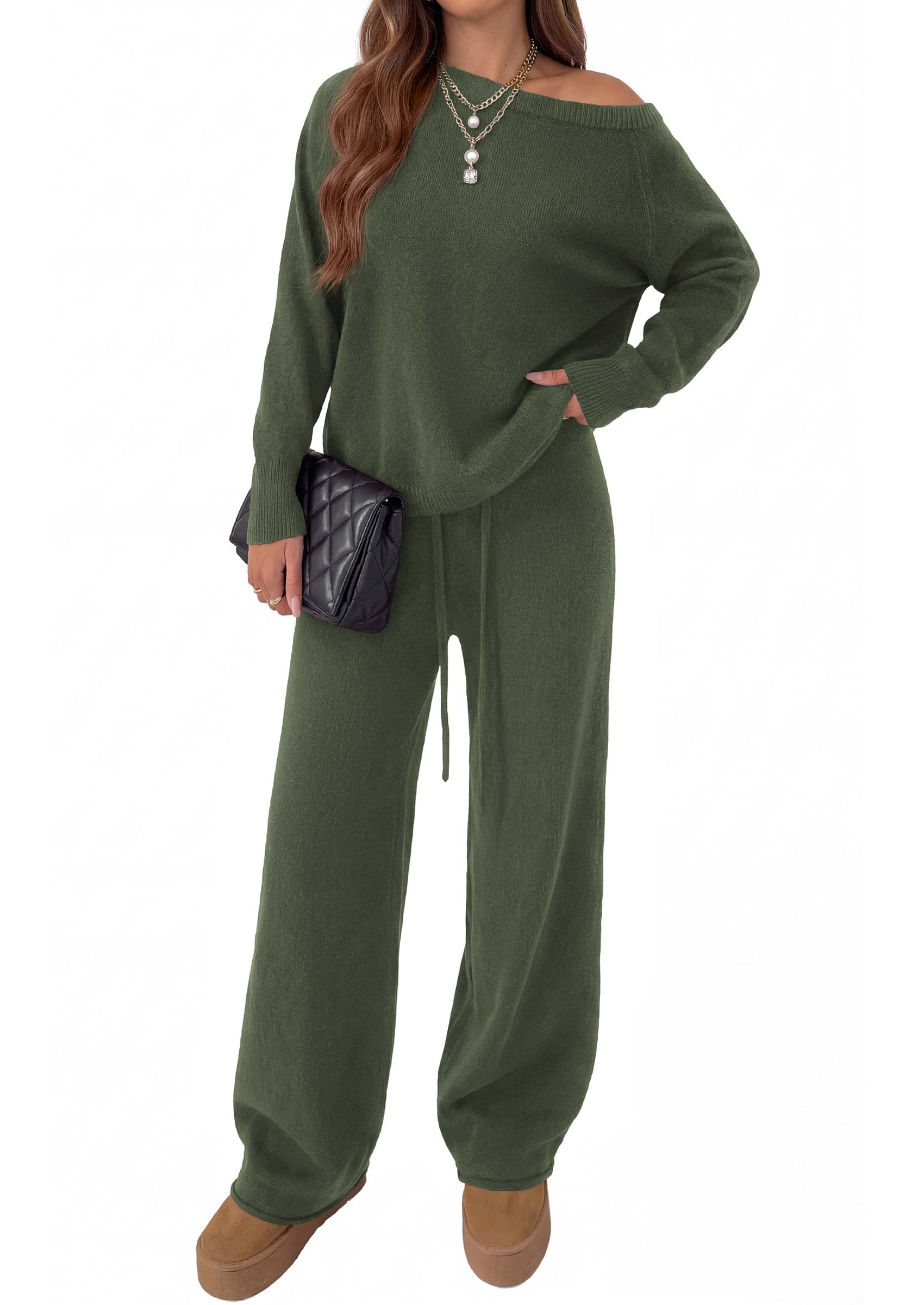 Lounge Sets Womens Sweaters Two Piece Outfits (Army Green,S)