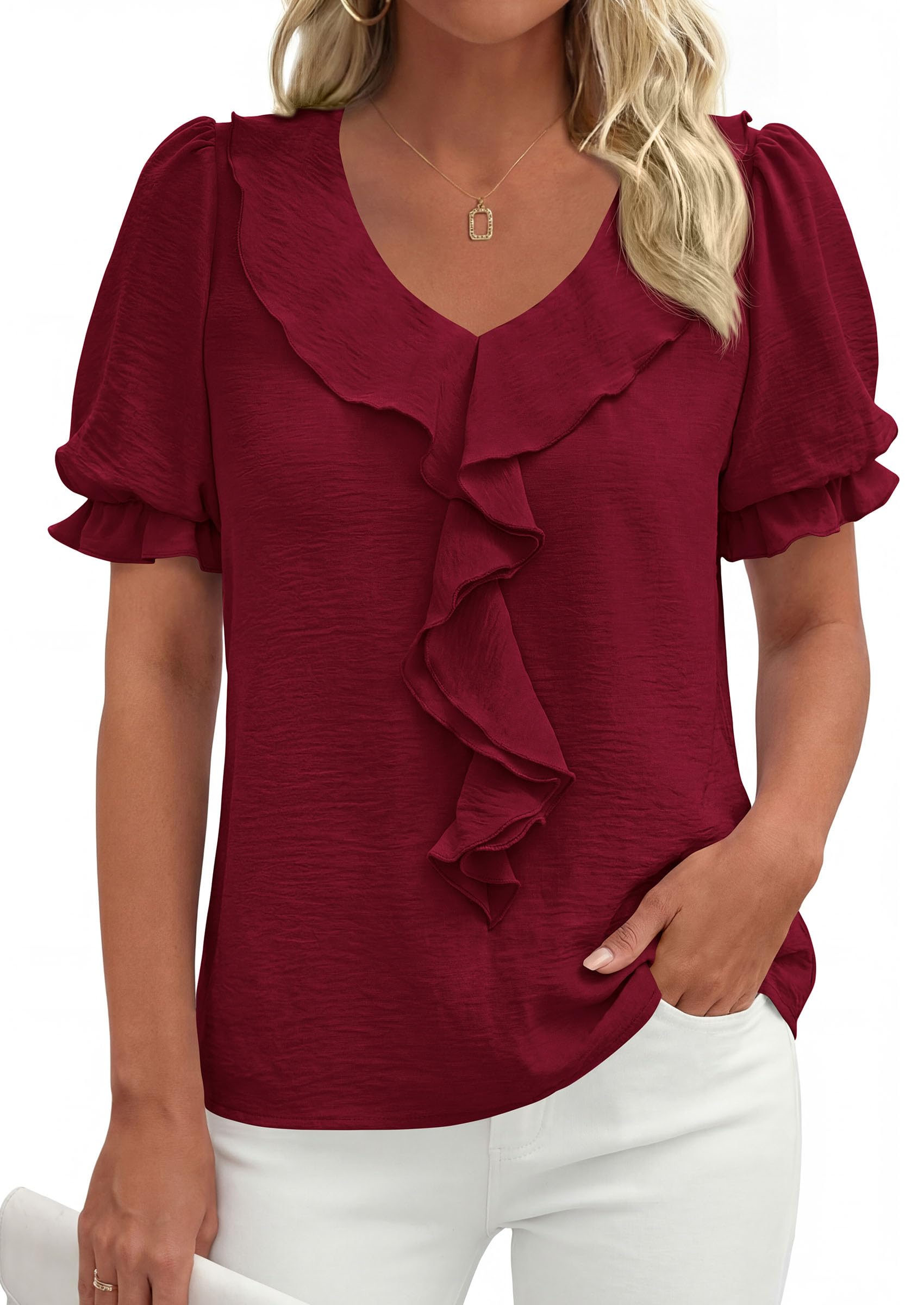 Women's Summer Ruffle Dressy Casual Blouses (Burgundy,S)
