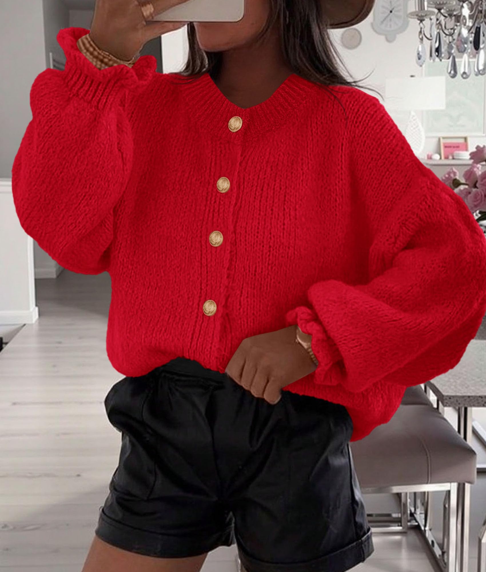 Womens Long Sleeve Chunky Knit Cardigan Sweaters,Red,S