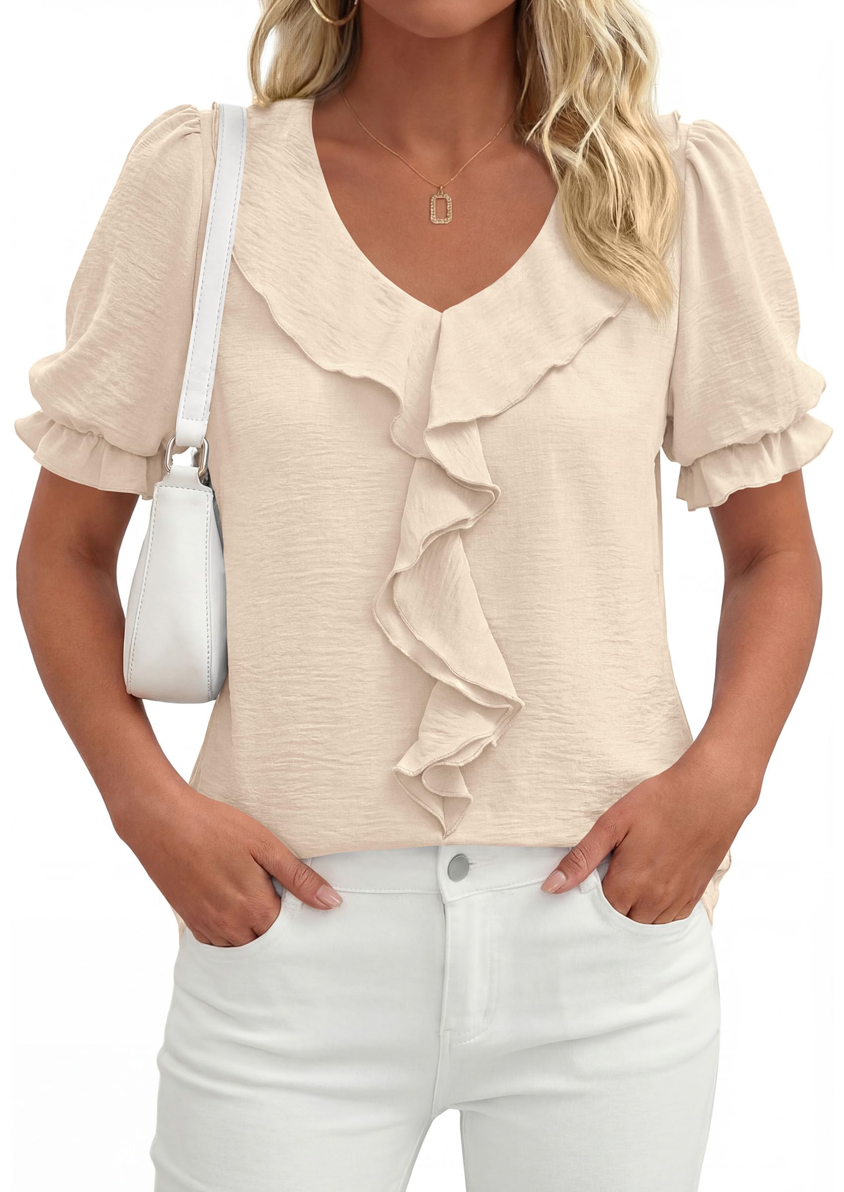 Women's Summer Ruffle Dressy Casual Blouses (Beige,S)