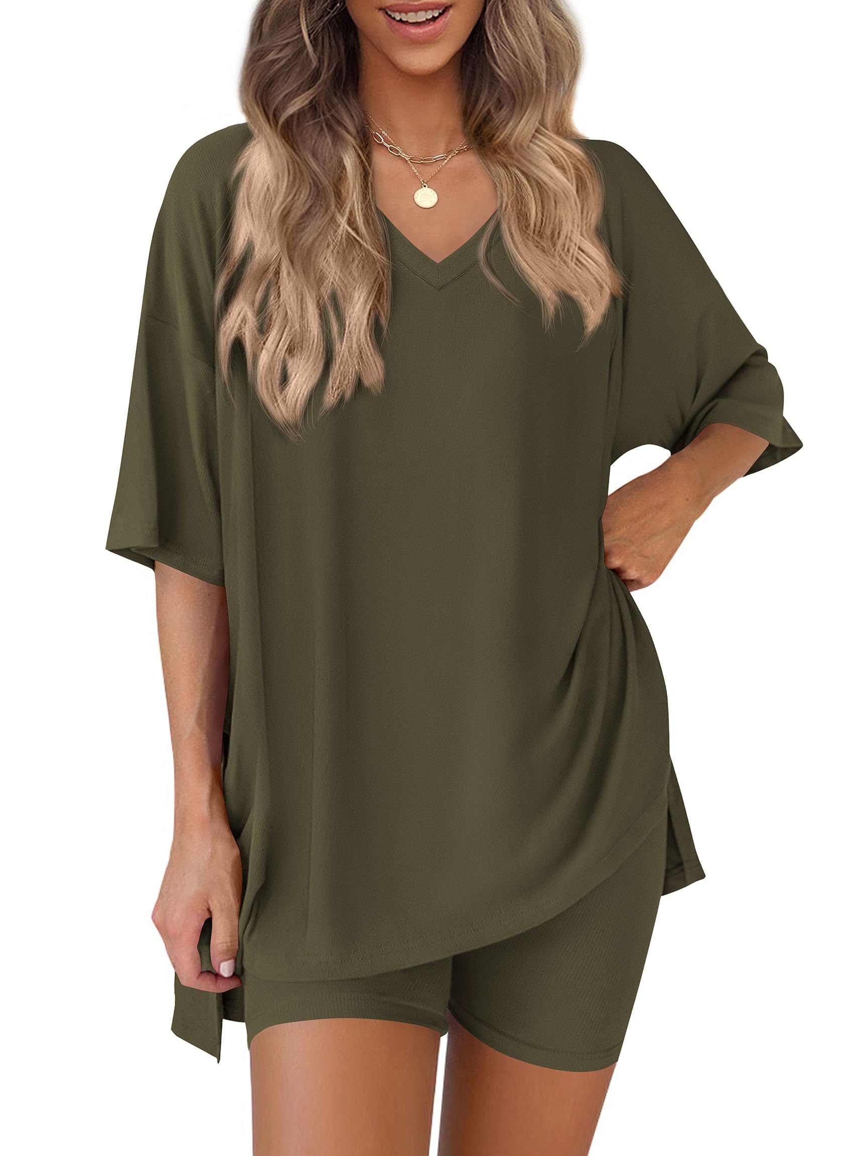 Womens 2 Piece Outfit Lounge Short Sets,Army Green,S