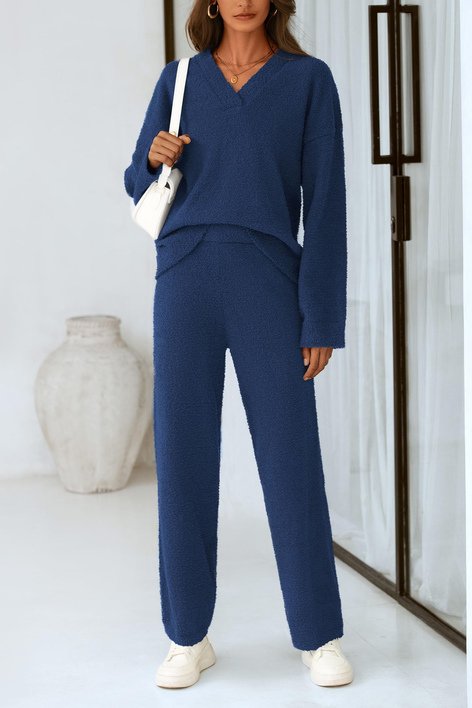 Lounge Sets for Women Fall 2 Piece Fuzzy Sweater Pajama Set