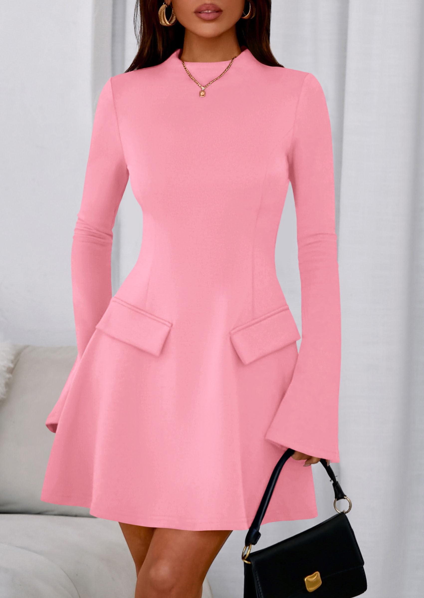 Women's Fall Bell Sleeve Short Dress,Pink,XS