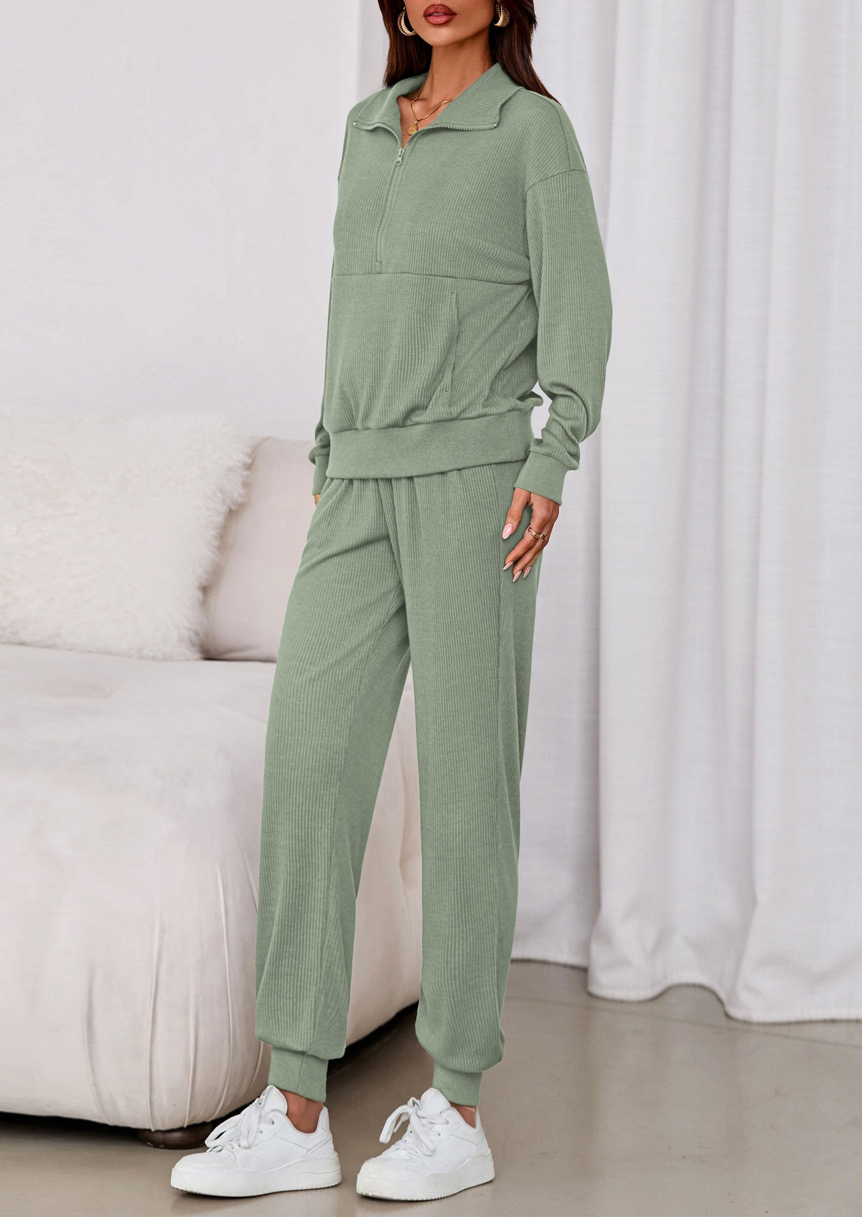 Airport Travel Outfit Women Ribbed Knit Matching Lounge Sets