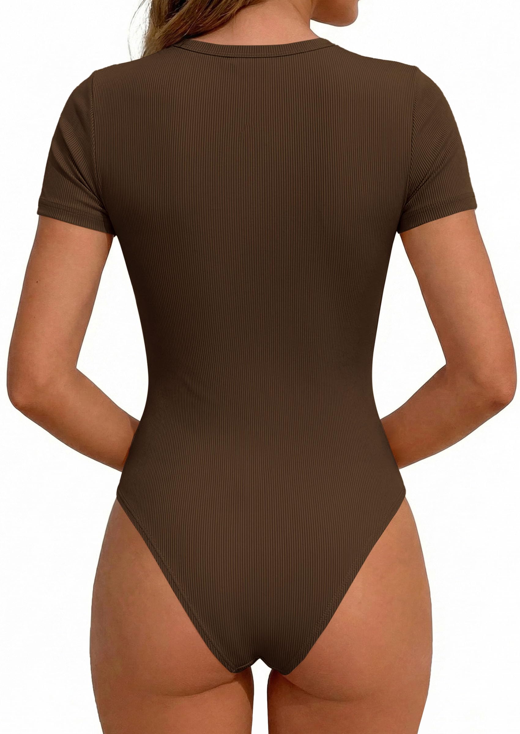 Body Suits for Womens Short Sleeve Summer Tops, Brown,XS