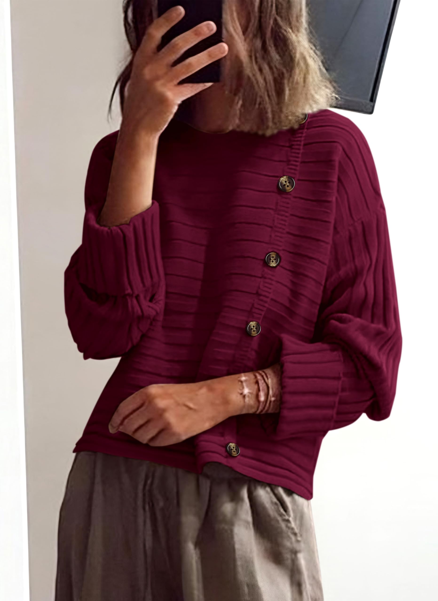 Womens Asymmetric Button Long Sleeve Sweater,Wine Red,S