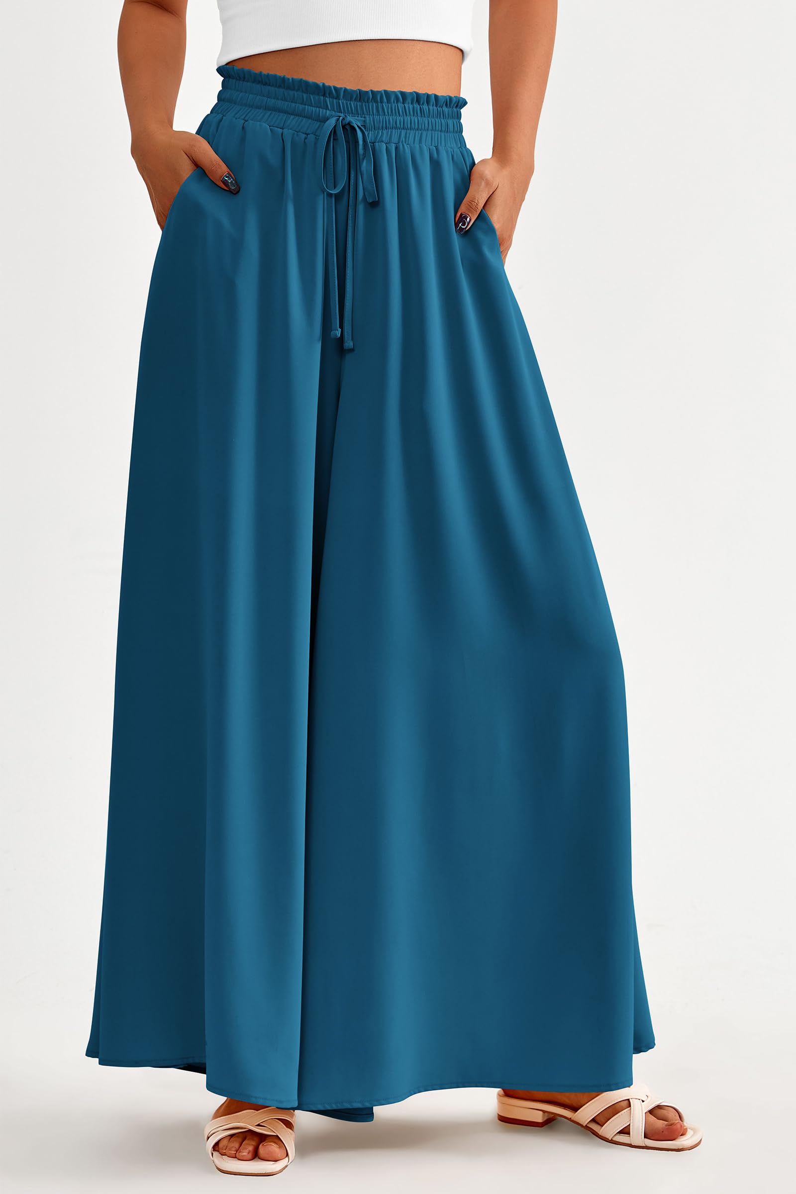 Summer Wide Leg Palazzo Pants for Women Casual,Lake Blue,S
