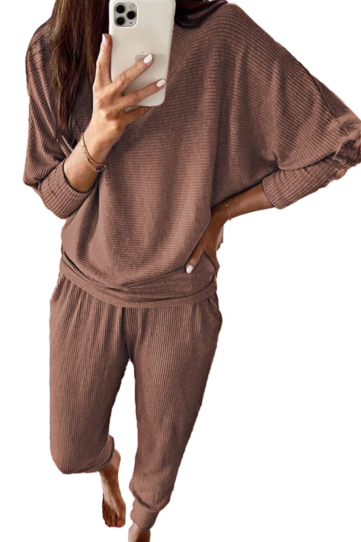 Women's 2 Piece Fall Outfits Matching Ribbed Knit Lounge Sets