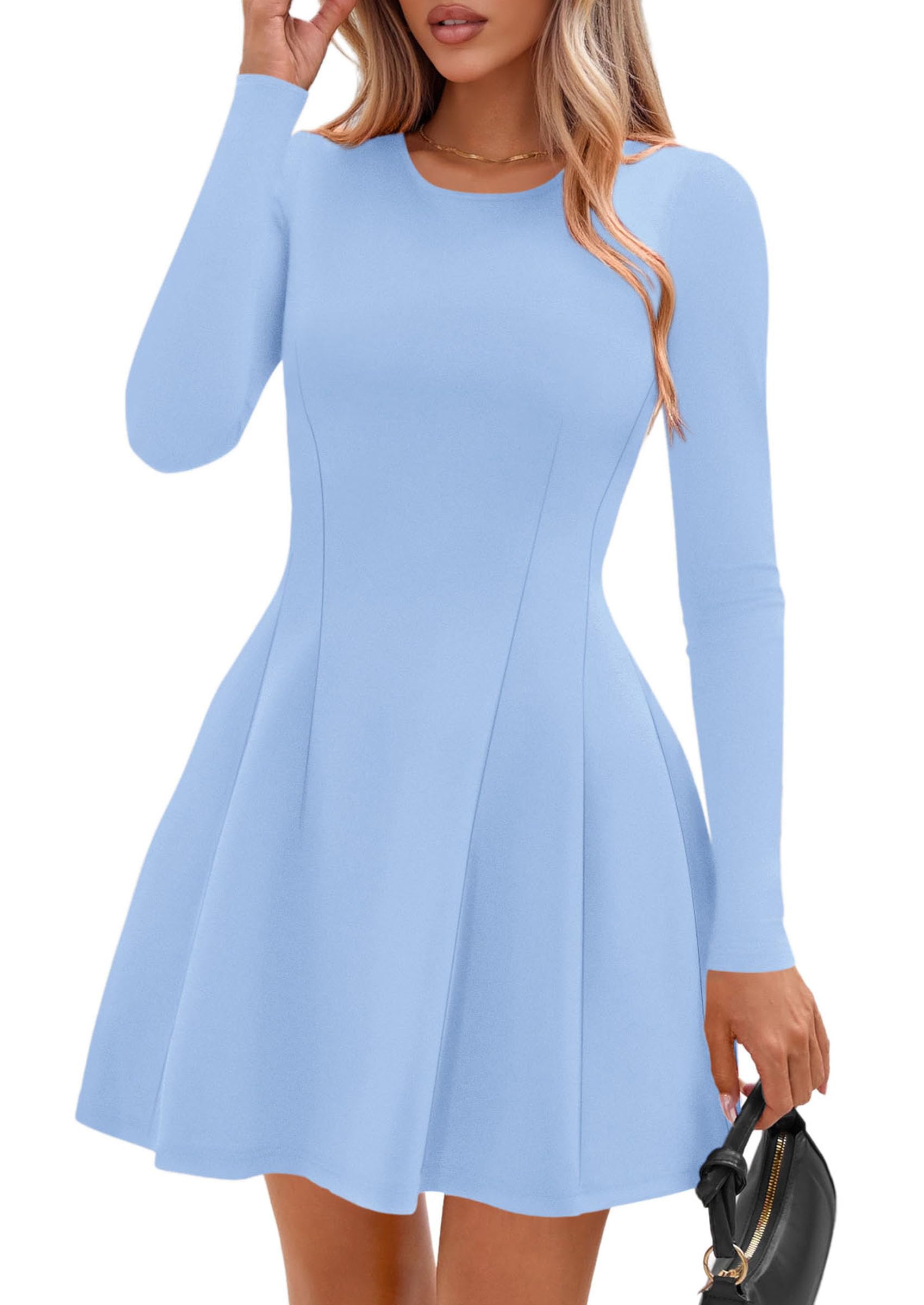 Womens Long Sleeve Pleated Mini Dress,Light Blue,XS