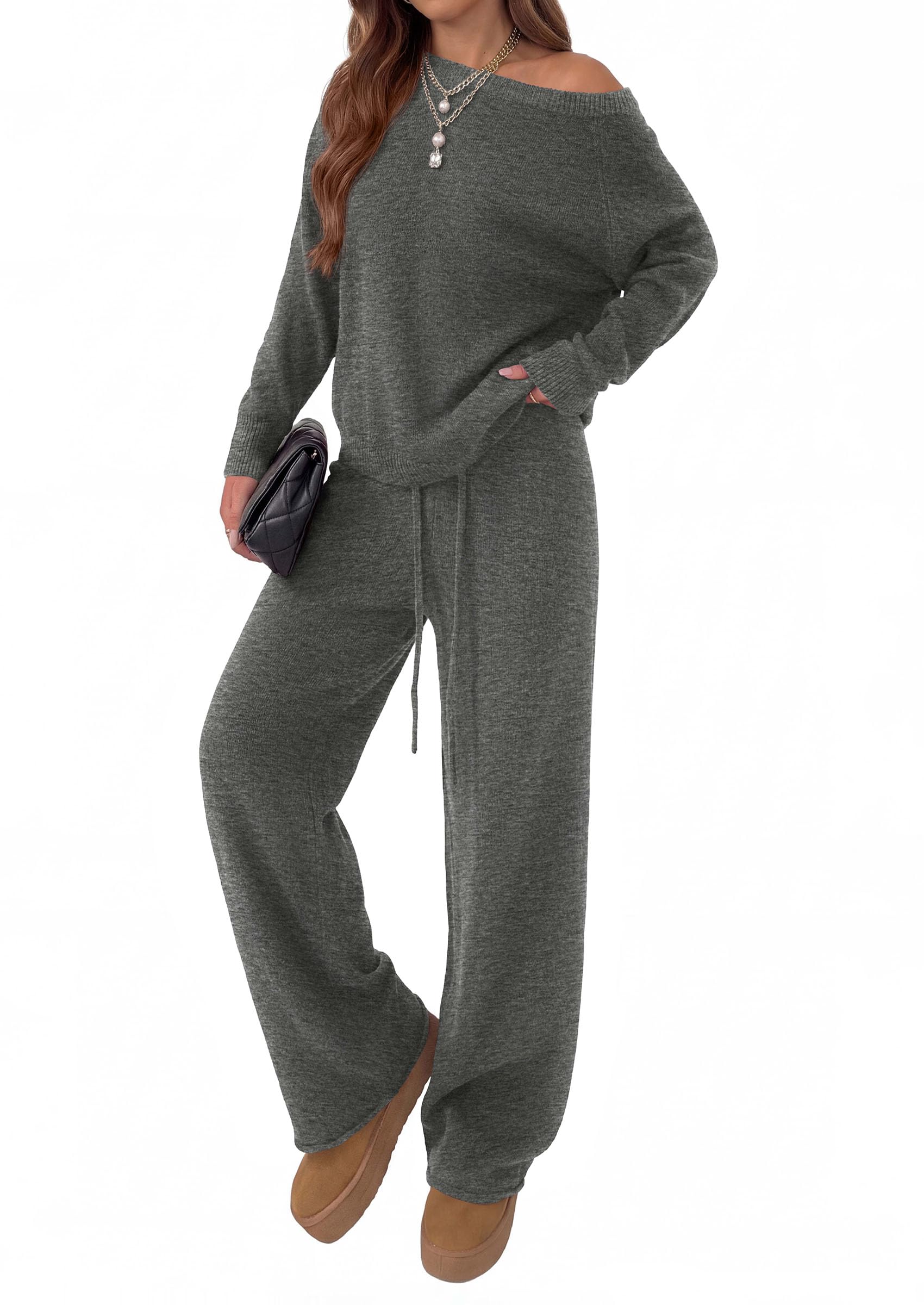 Lounge Sets Womens Sweaters Two Piece Outfits (Dark Grey,S)