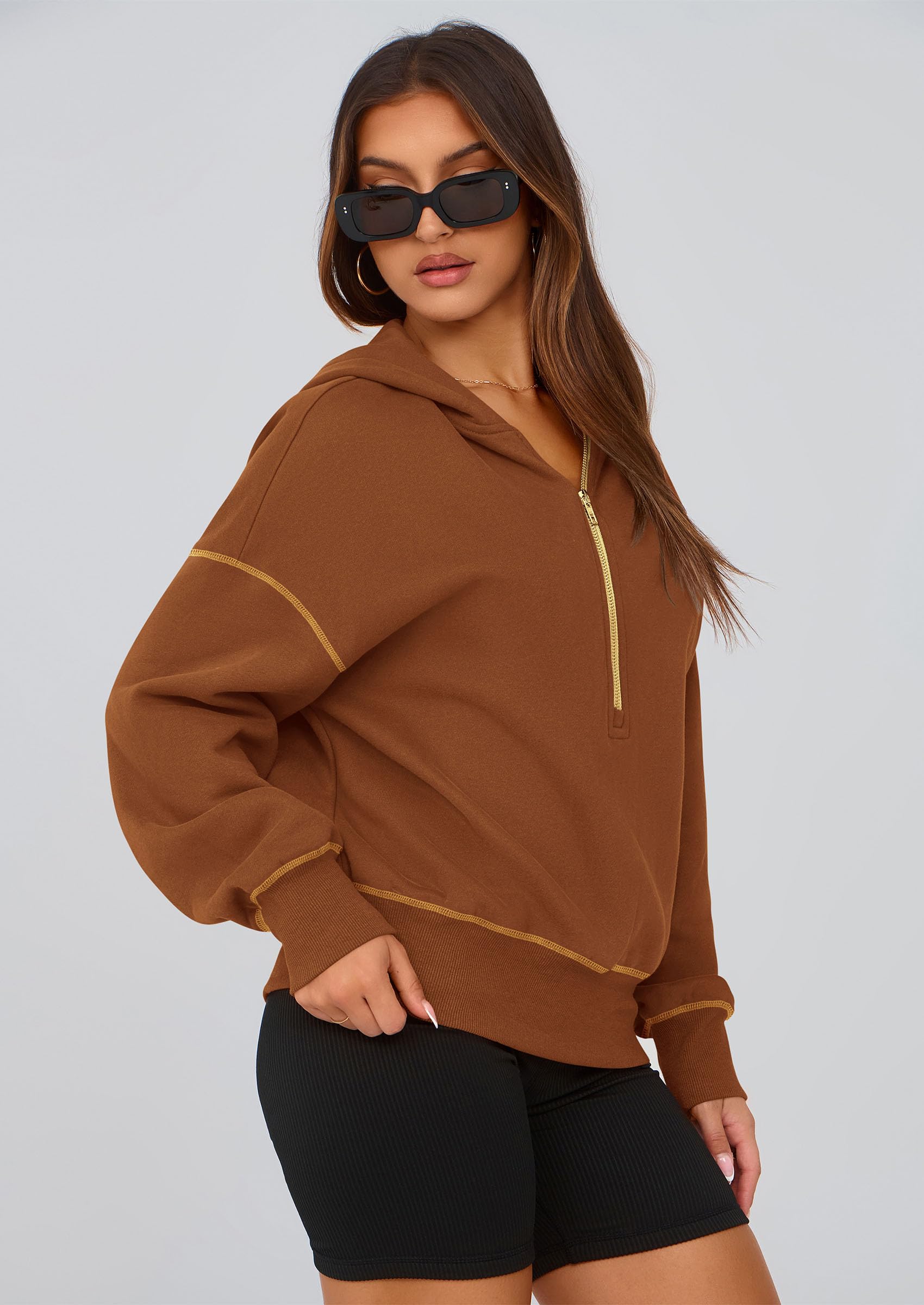 Women's Fall Half Zip Cropped Hoodie Sweatshirt Caramel