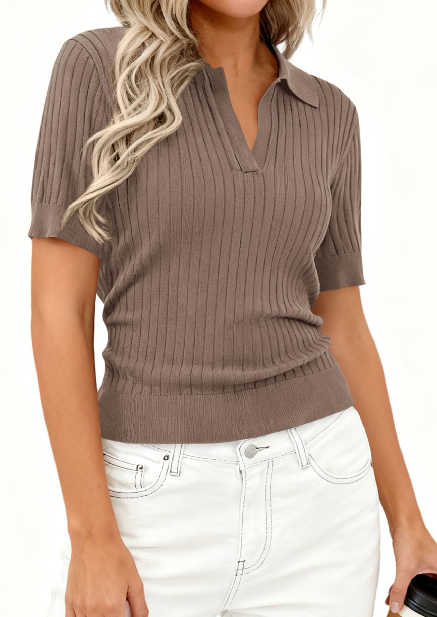 Women's Short Sleeve Sweater Polo Shirts,Dark Khaki,XS