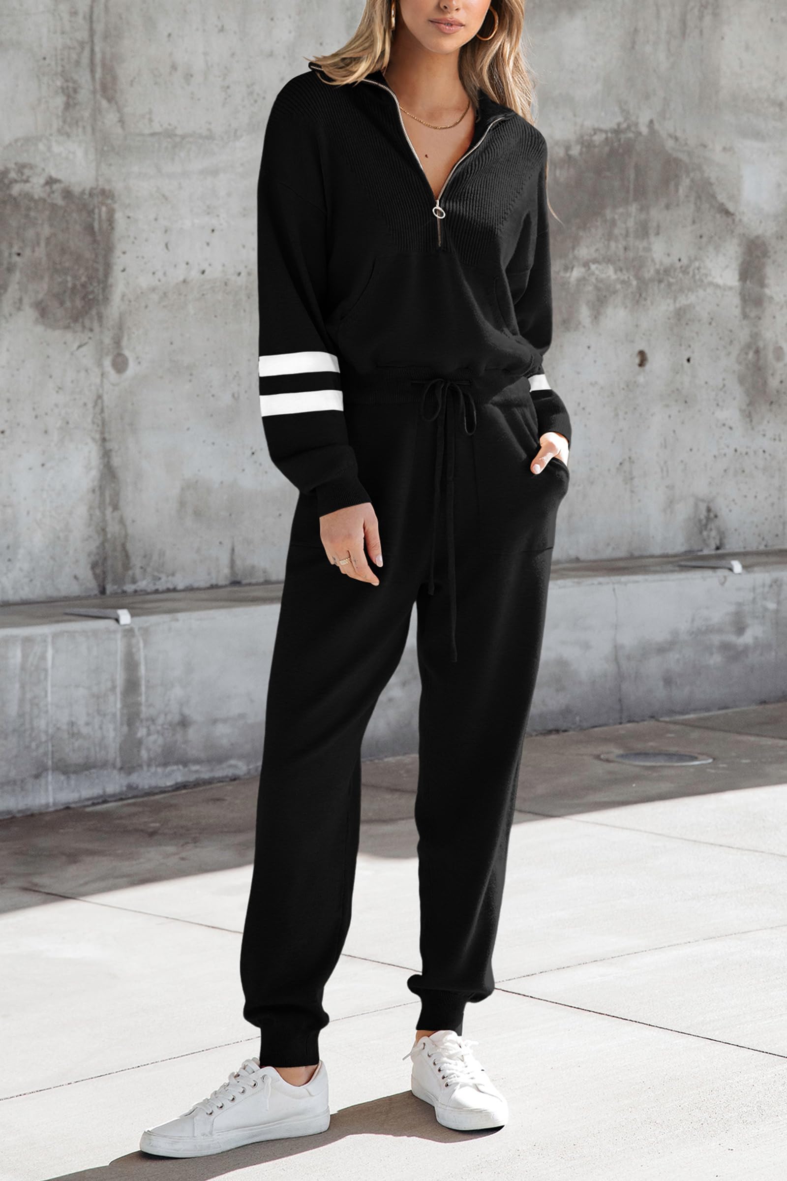 Women's 2 Piece Sweatsuits Set Fall Outfits(Striped Black,L)