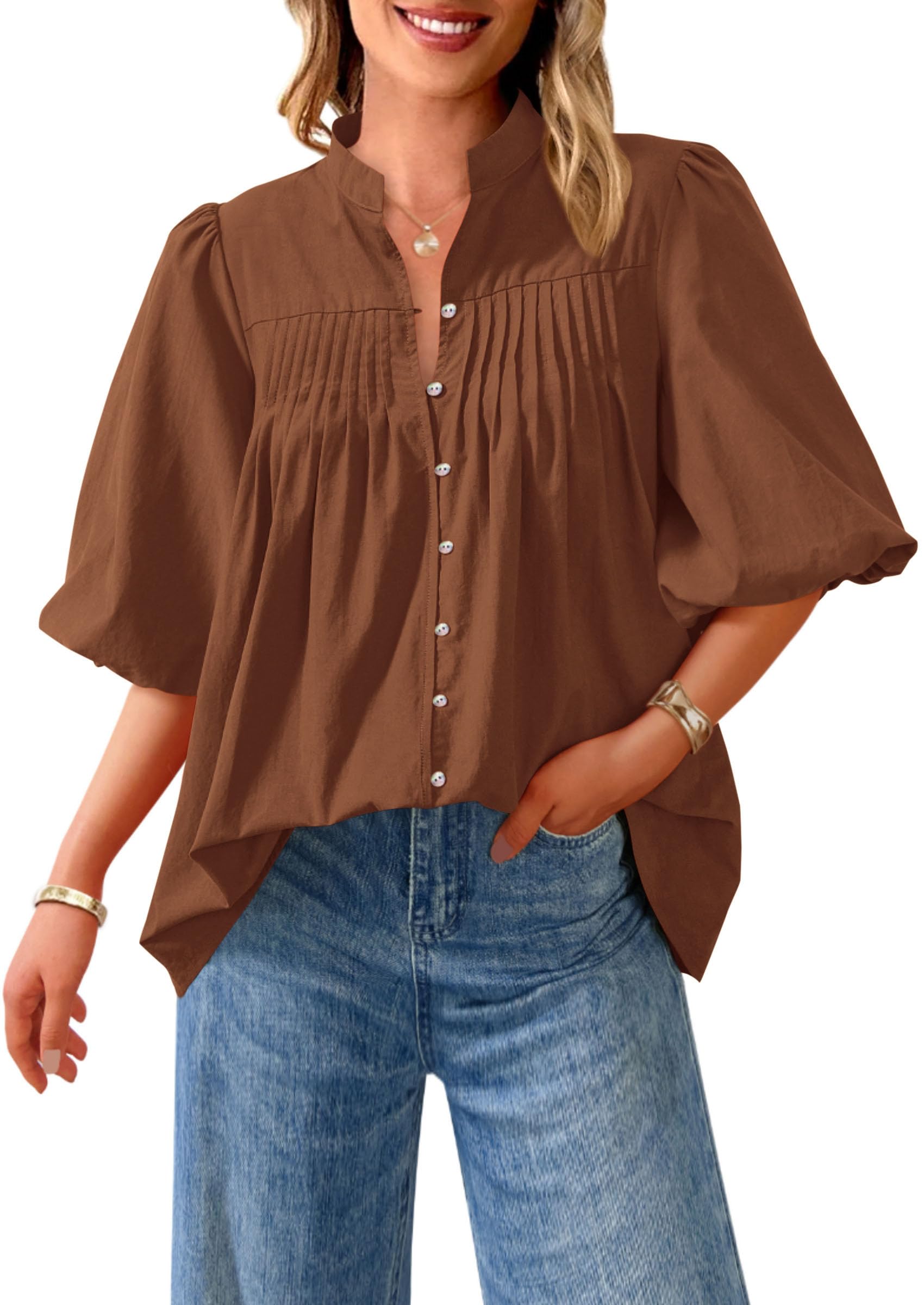 Short Sleeve Henley Shirts for Women,Brown,S