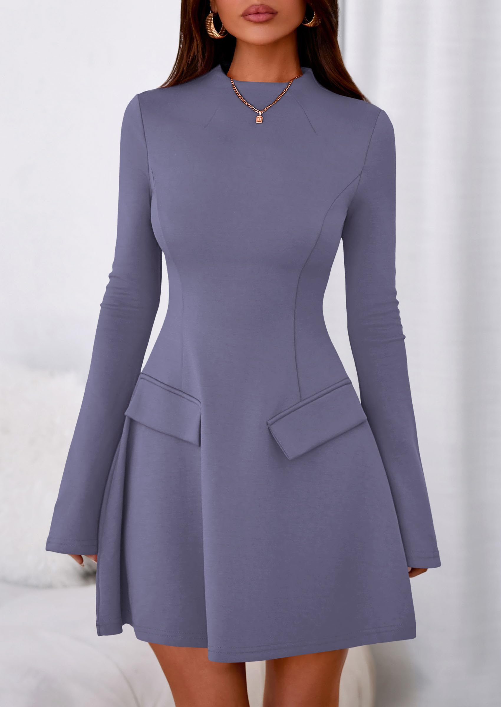 Women's Fall Bell Sleeve Short Dress,Grey Blue,XS
