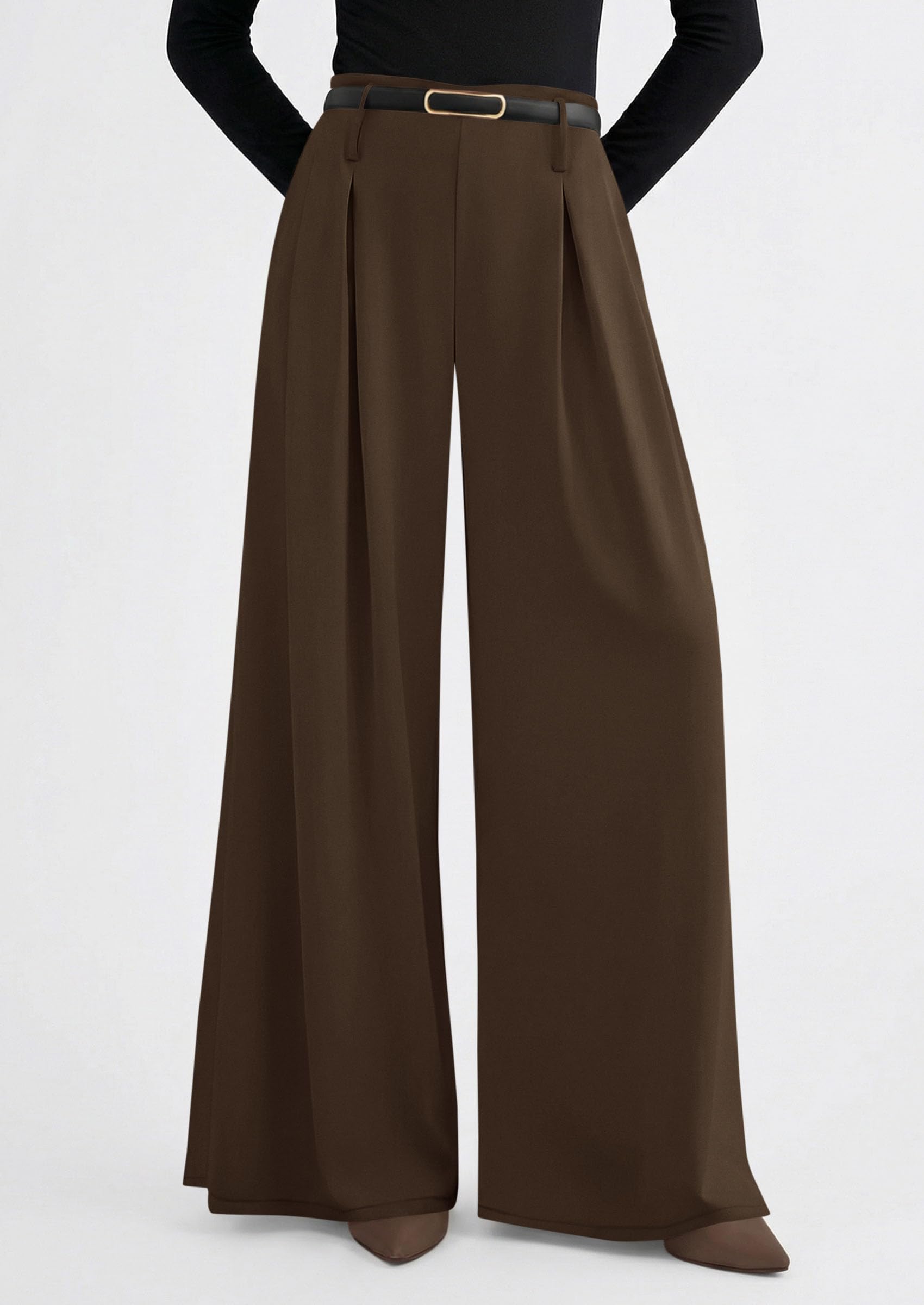Womens Wide Leg Dress Pants Flowy Trousers,Brown,S