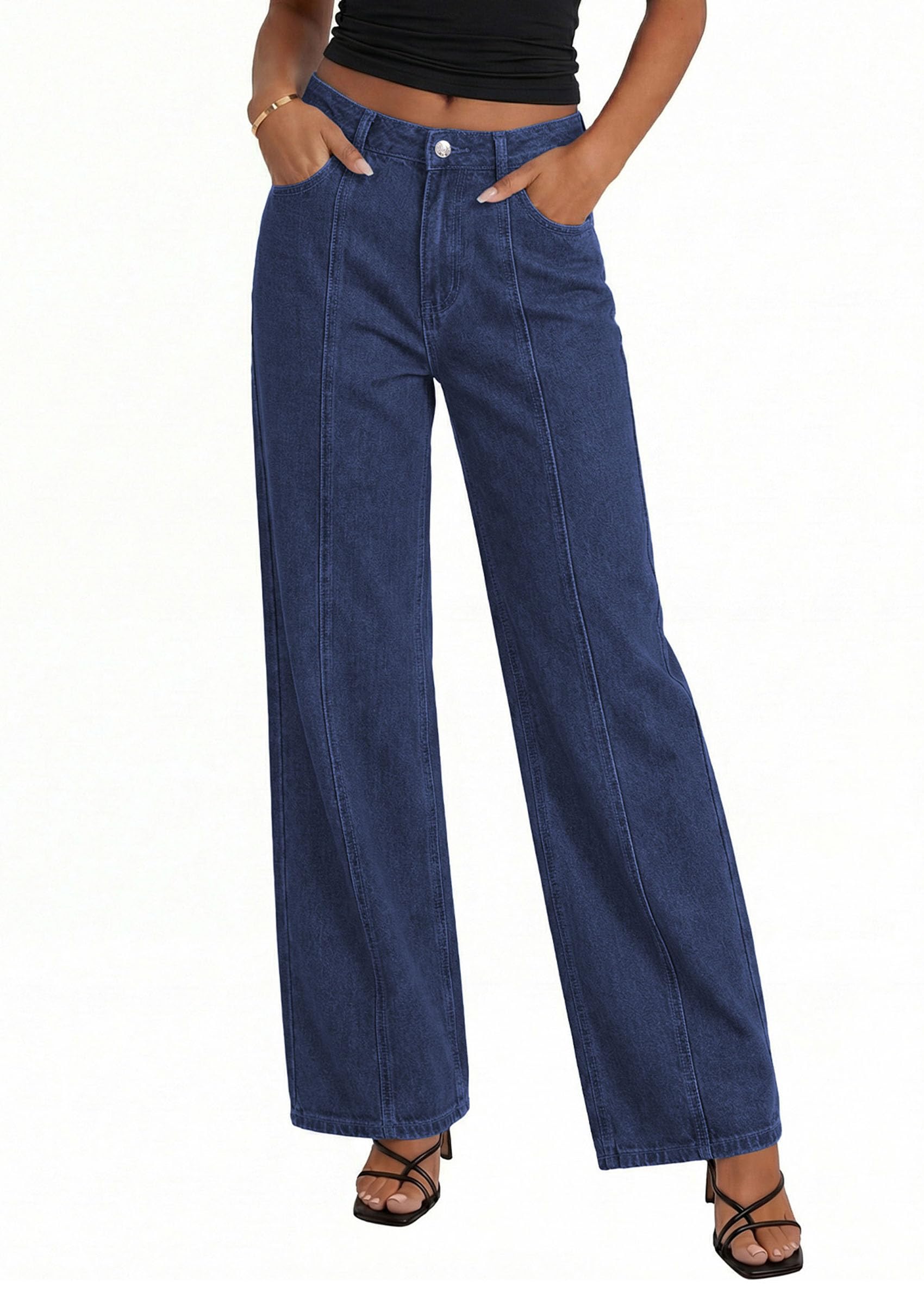 Women's Wide Leg Jeans Stretchy Baggy Denim Pants,Deep Blue,4