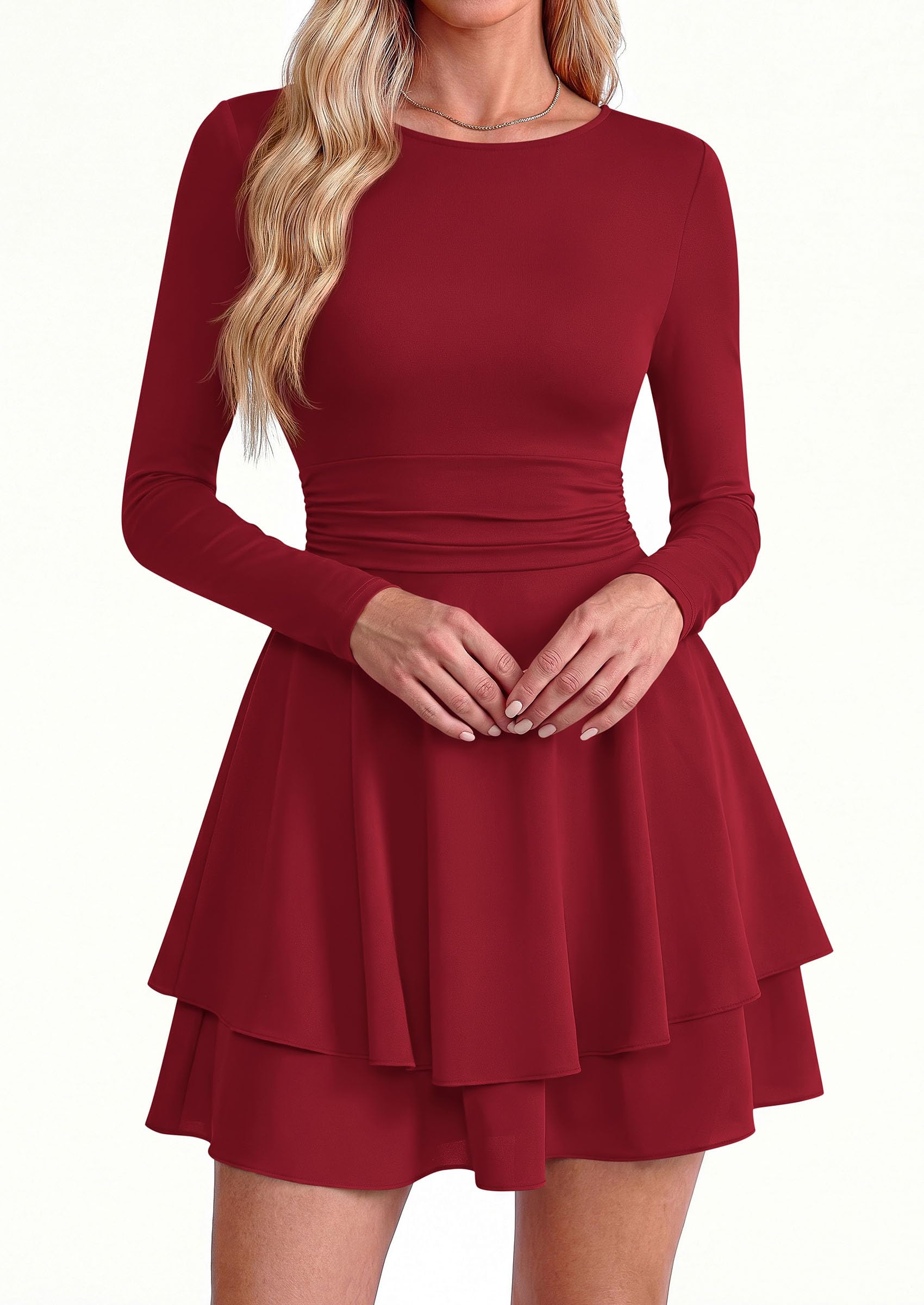 Womens Fit and Flare Crewneck Long Sleeve Mini Dress Wine Red