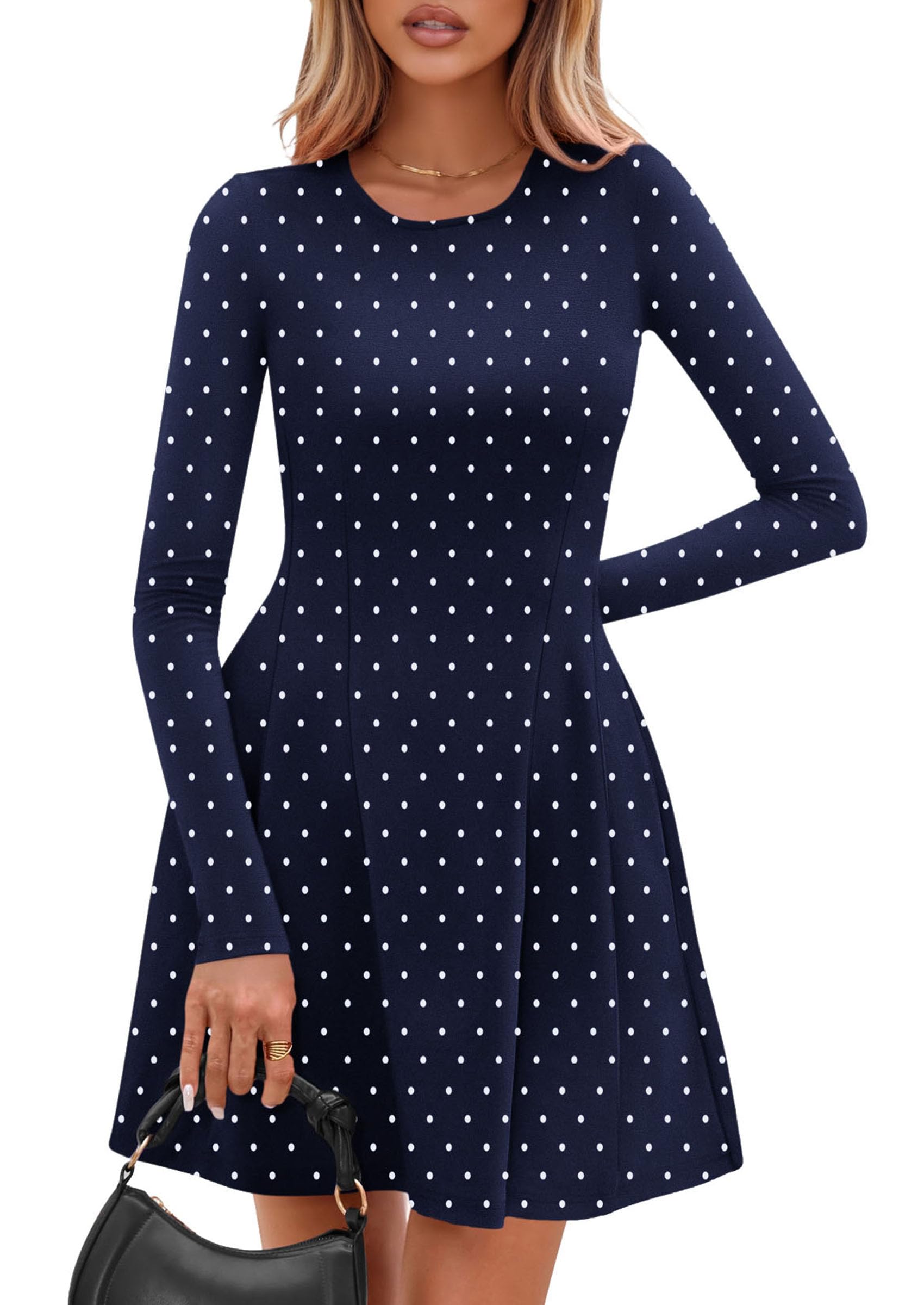 Womens Long Sleeve Pleated Mini Dress,Dot Navy White,XS