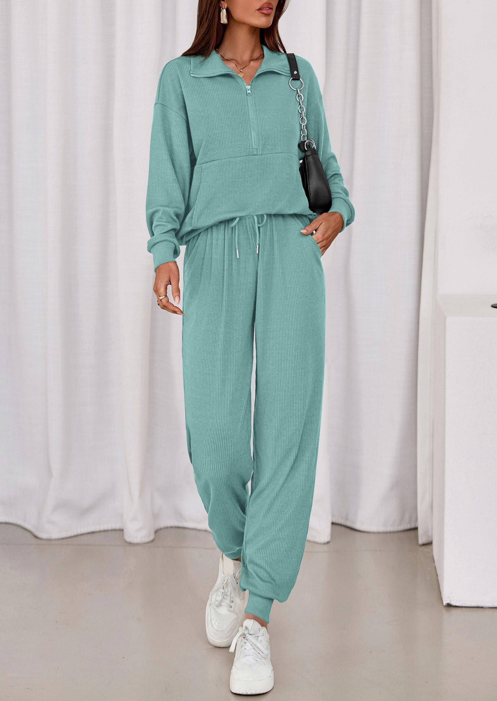 Airport Travel Outfit Women Ribbed Knit Matching Lounge Sets
