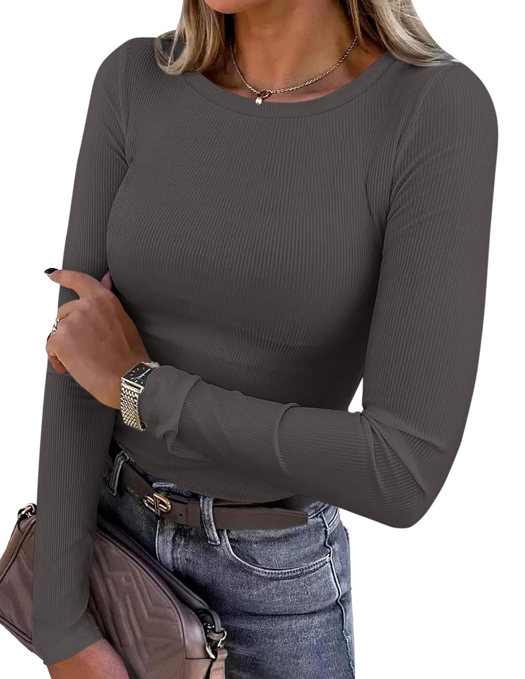 Women's Fall Long Sleeve Shirts Basic Tees (Dark Grey,XS)