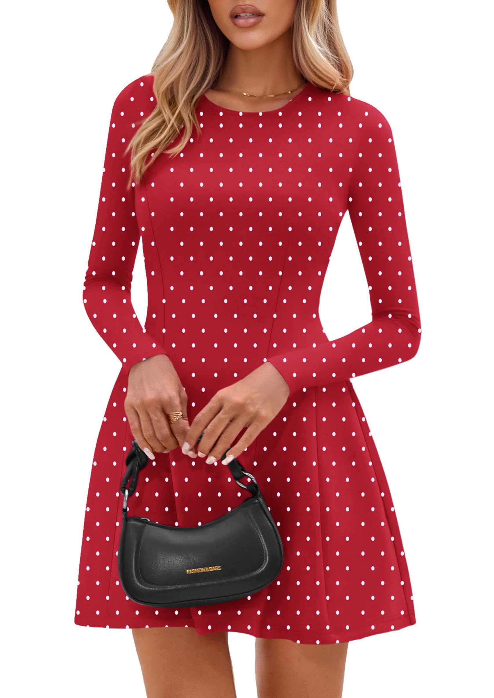 Womens Long Sleeve Pleated Mini Dress,Dot Red White,XS