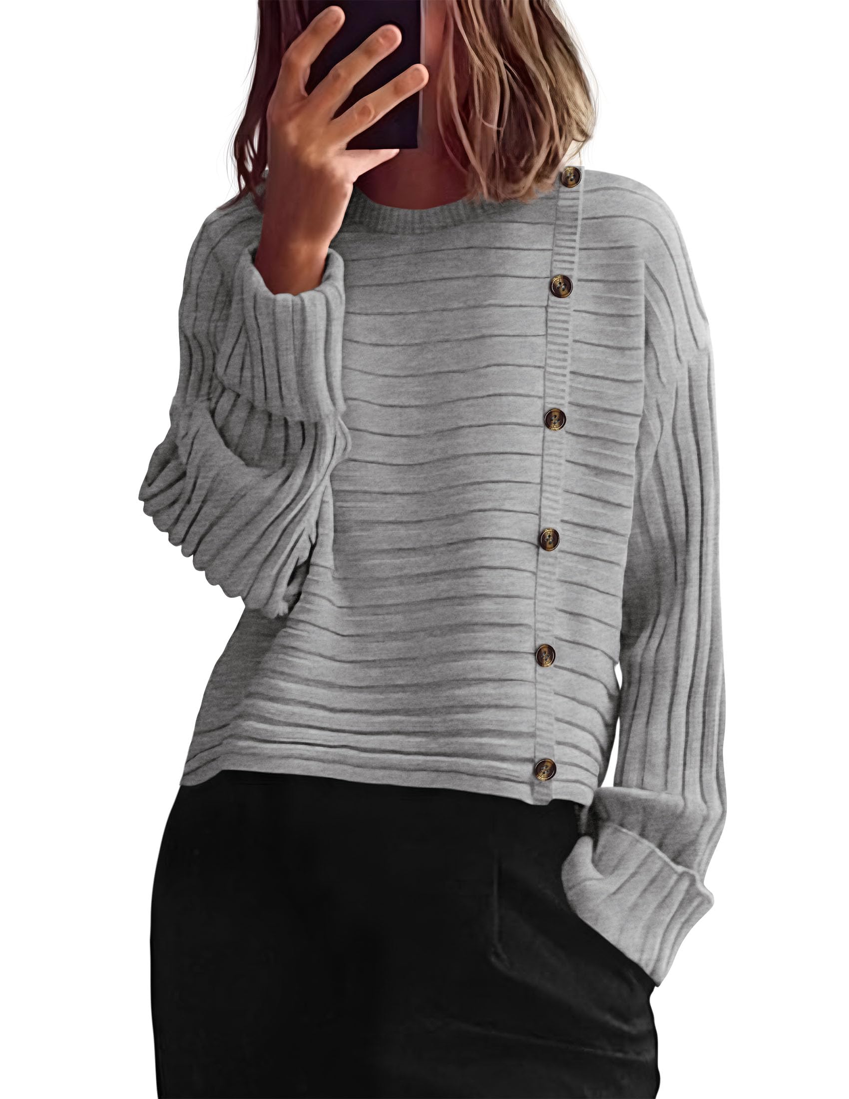 Womens Asymmetric Button Long Sleeve Sweater,Light Grey,S