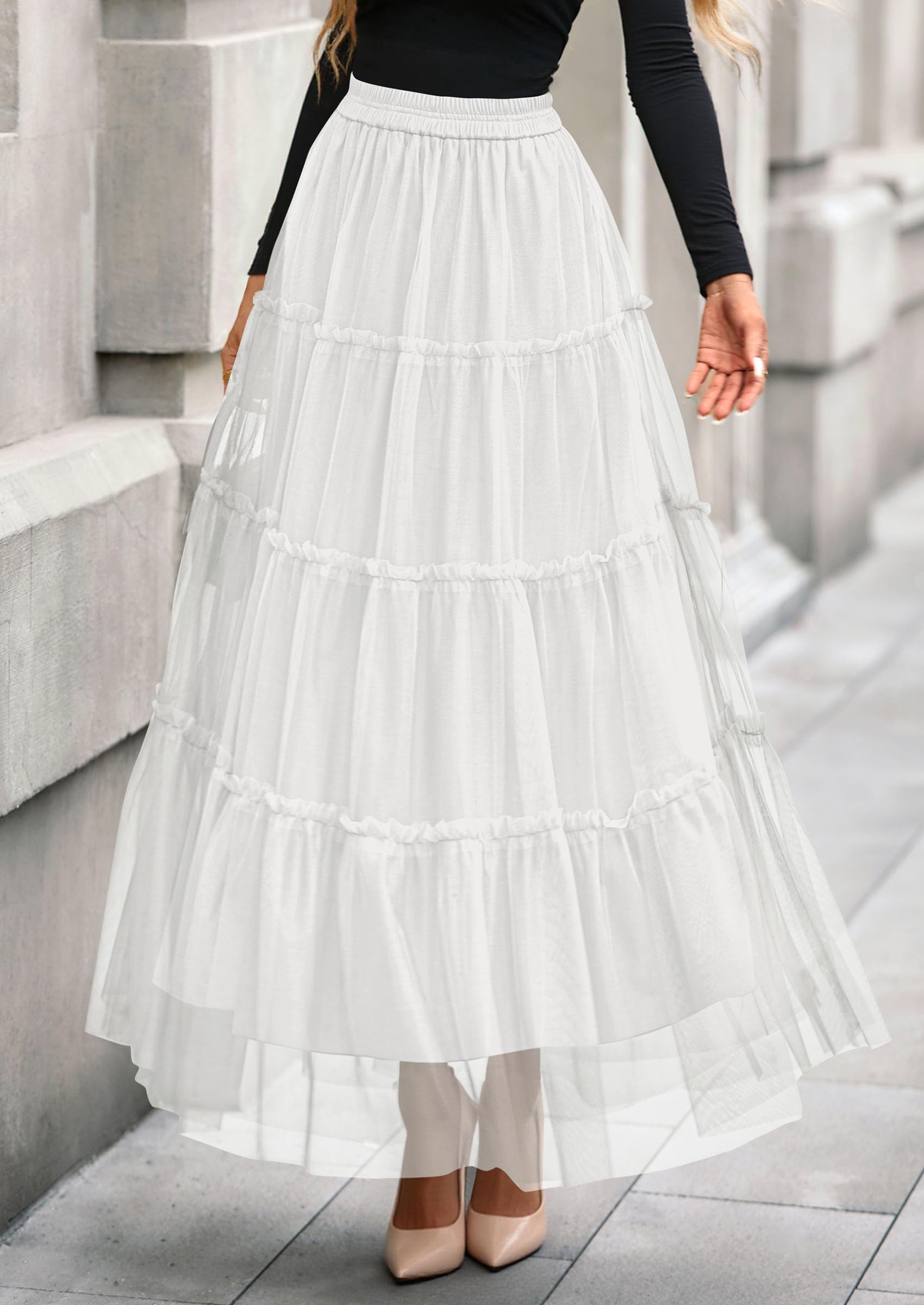 Women's Fall Soft Tulle Tiered Long Skirt,White,S