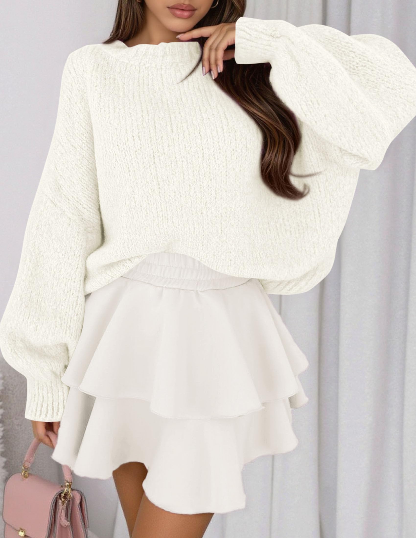 Women's Chunky Knit Oversized Pullover Sweaters,White,S