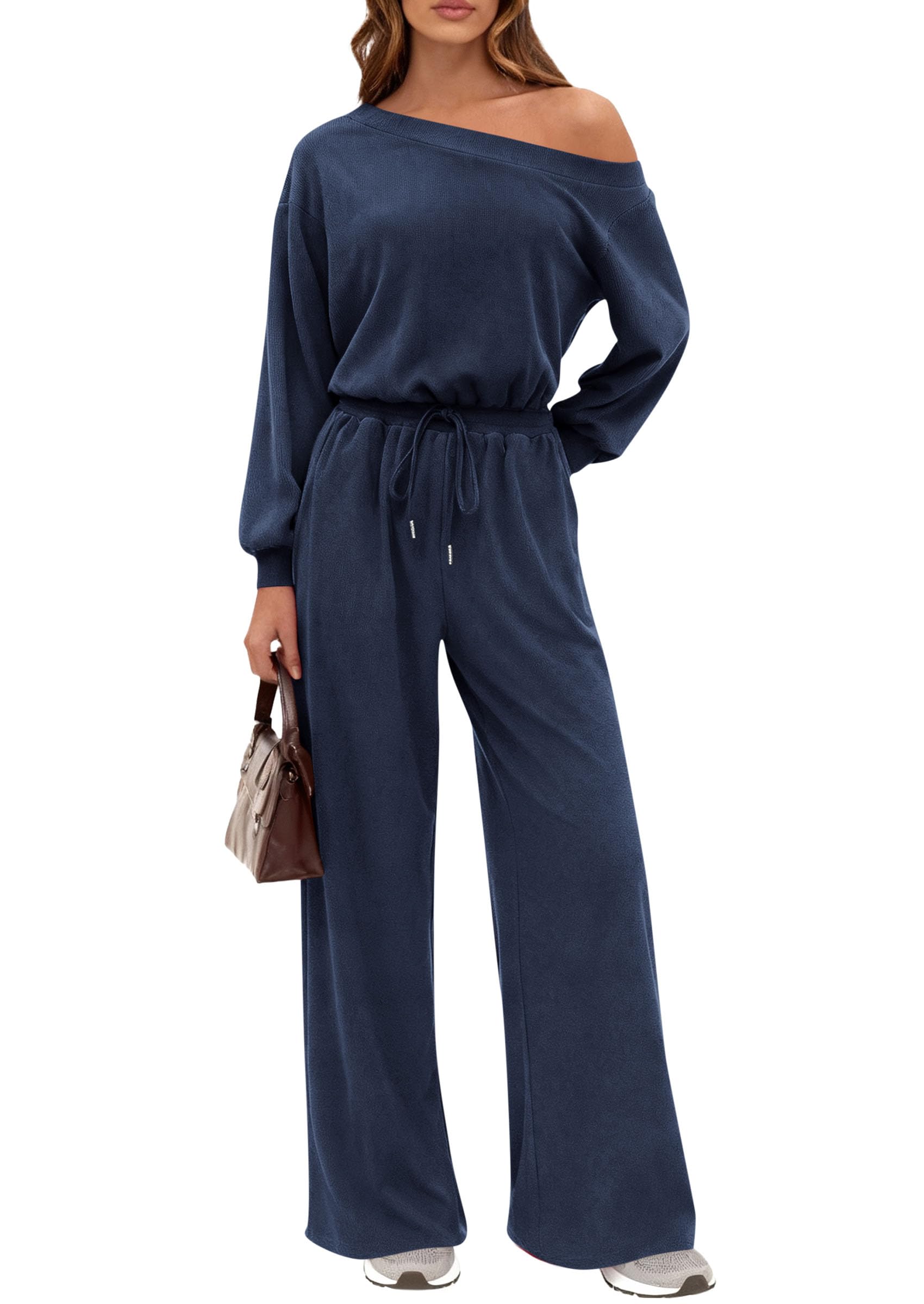 Womens Off Shoulder Long Sleeve Jumpsuit,Navy,M