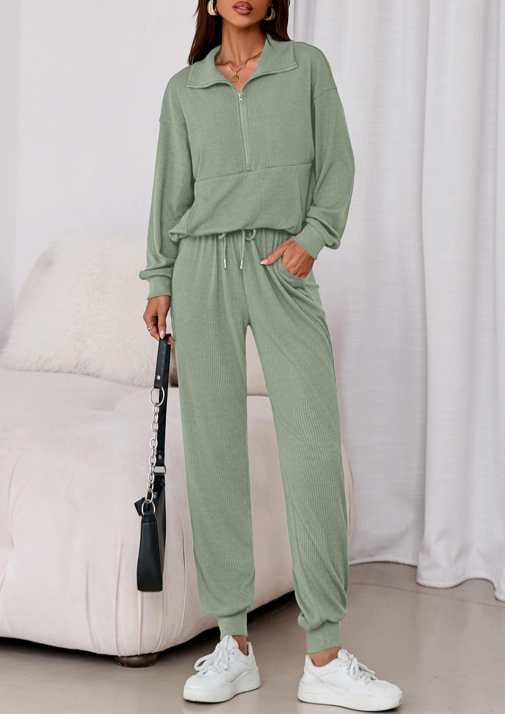 Airport Travel Outfit Women Ribbed Knit Matching Lounge Sets