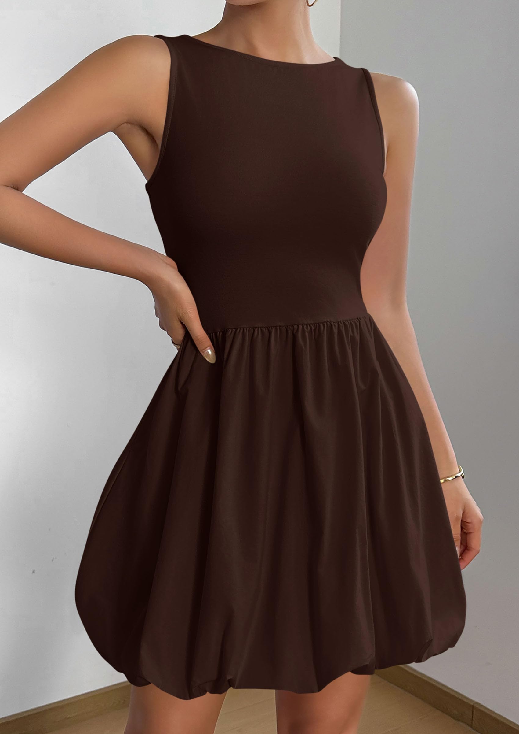 Womens Summer Bubble Sleeveless Mini Dress,Brown,S