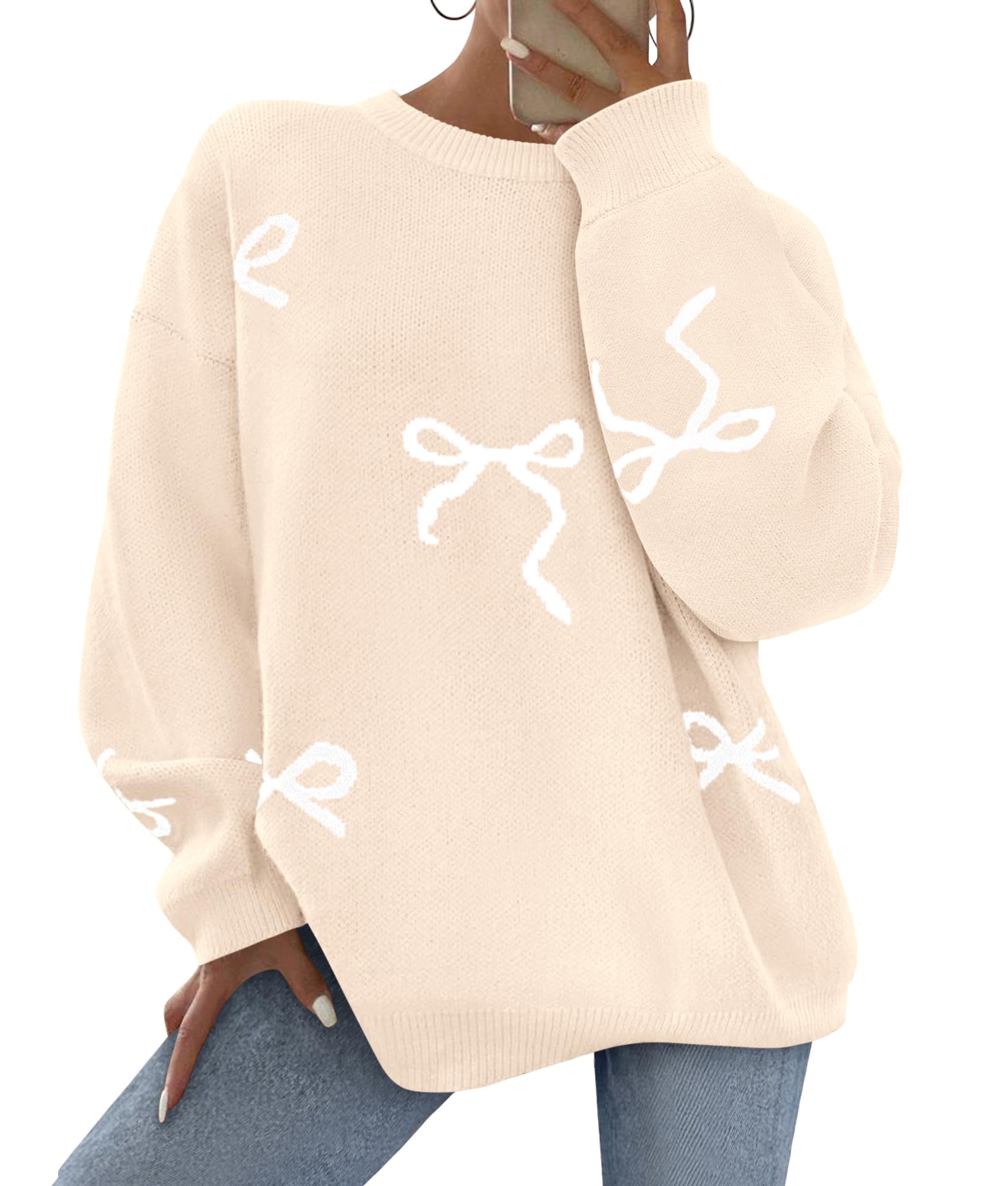 Fall Long Sleeve Pullover Sweaters for Women 2026 Trendy Crewneck Casual Cute Bow Chunky Knit Oversized Sweater (Apricot,Small)