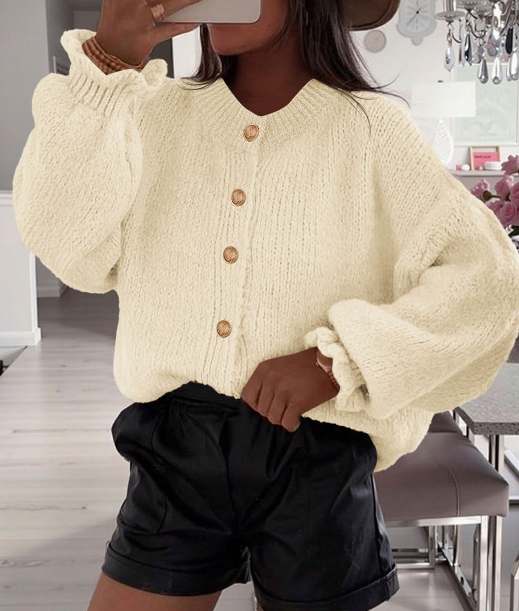 Womens Long Sleeve Chunky Knit Cardigan Sweaters,Beige,S