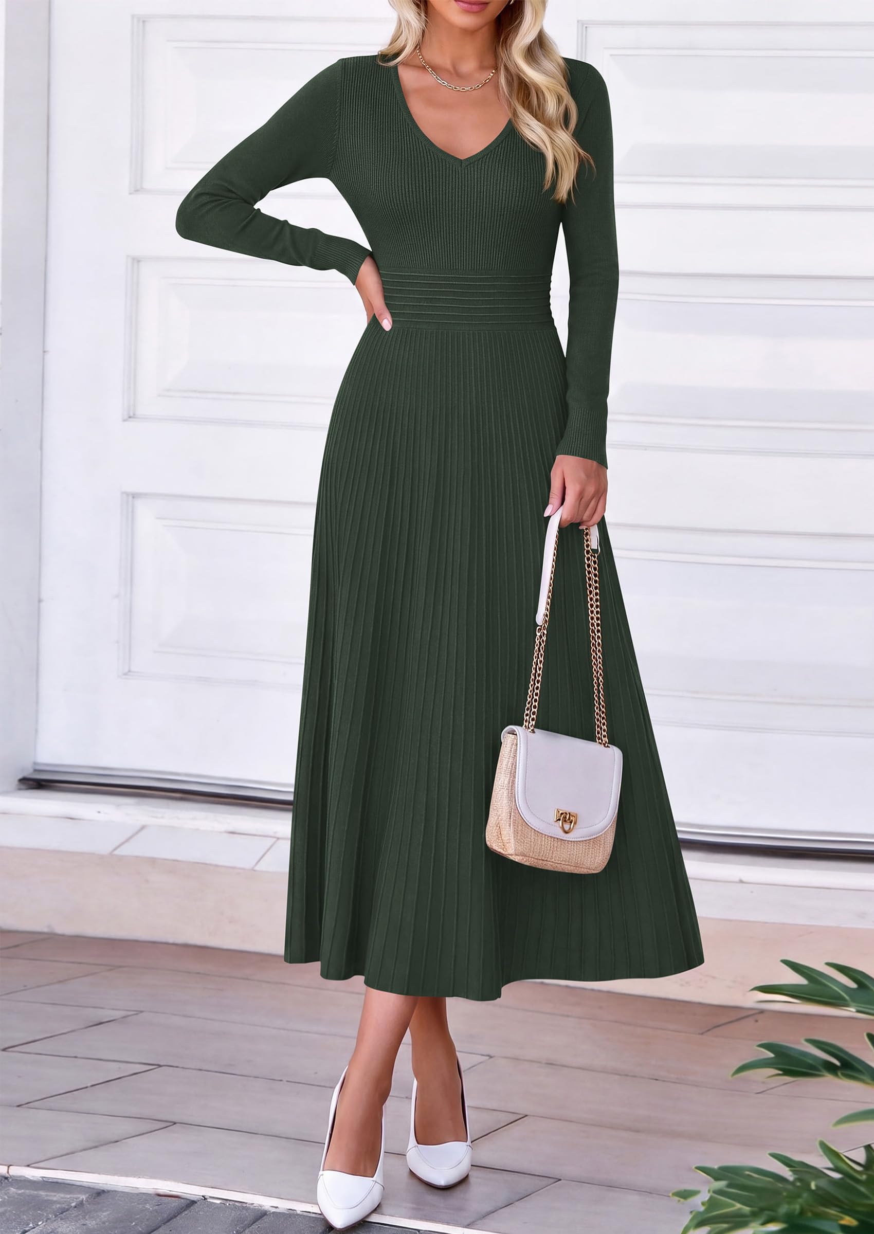 Women's Fall V Neck Pleated Midi Sweater Dress,Army Green,S