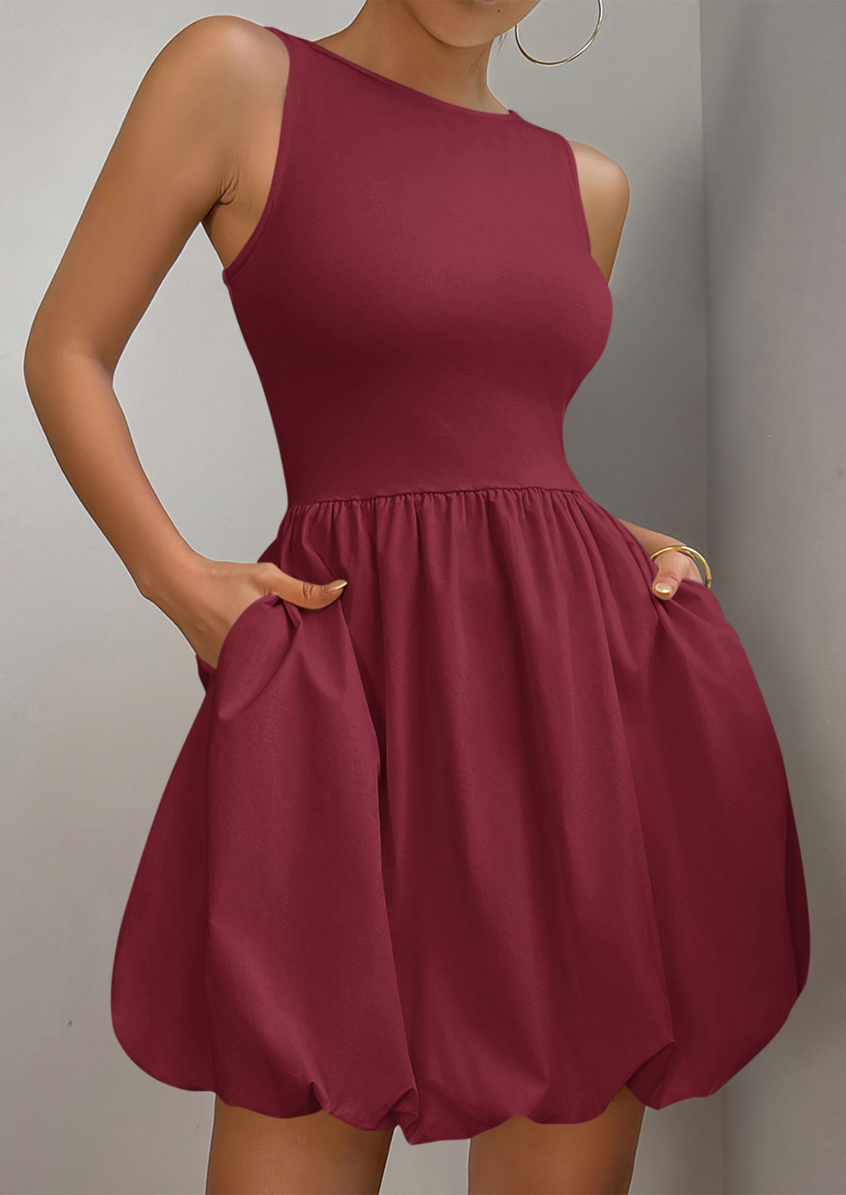 Womens Summer Bubble Sleeveless Mini Dress,Wine Red,S