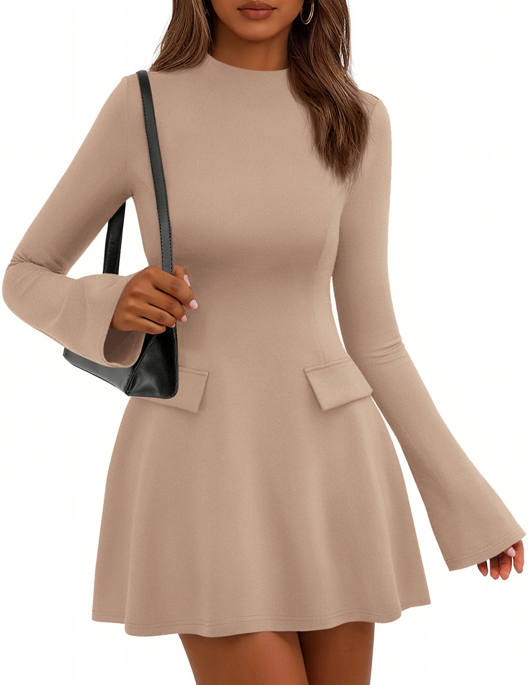 Women's Fall Bell Sleeve Short Dress,Khaki,XS