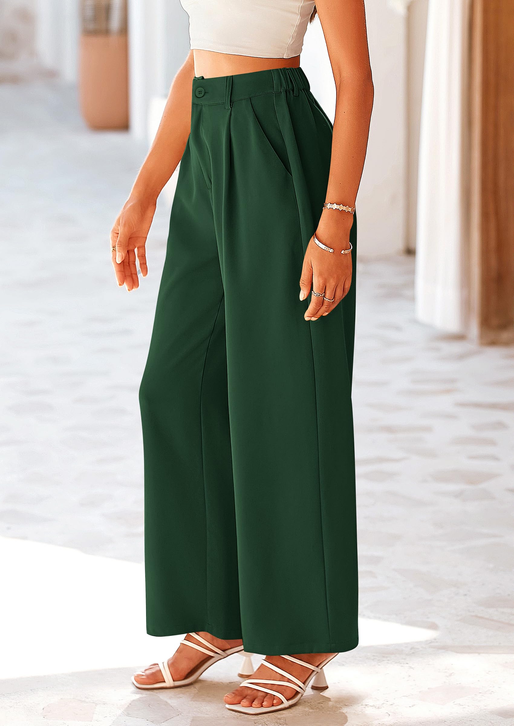 Women's Flowy Wide Leg Dress Pants,Dark Green,L