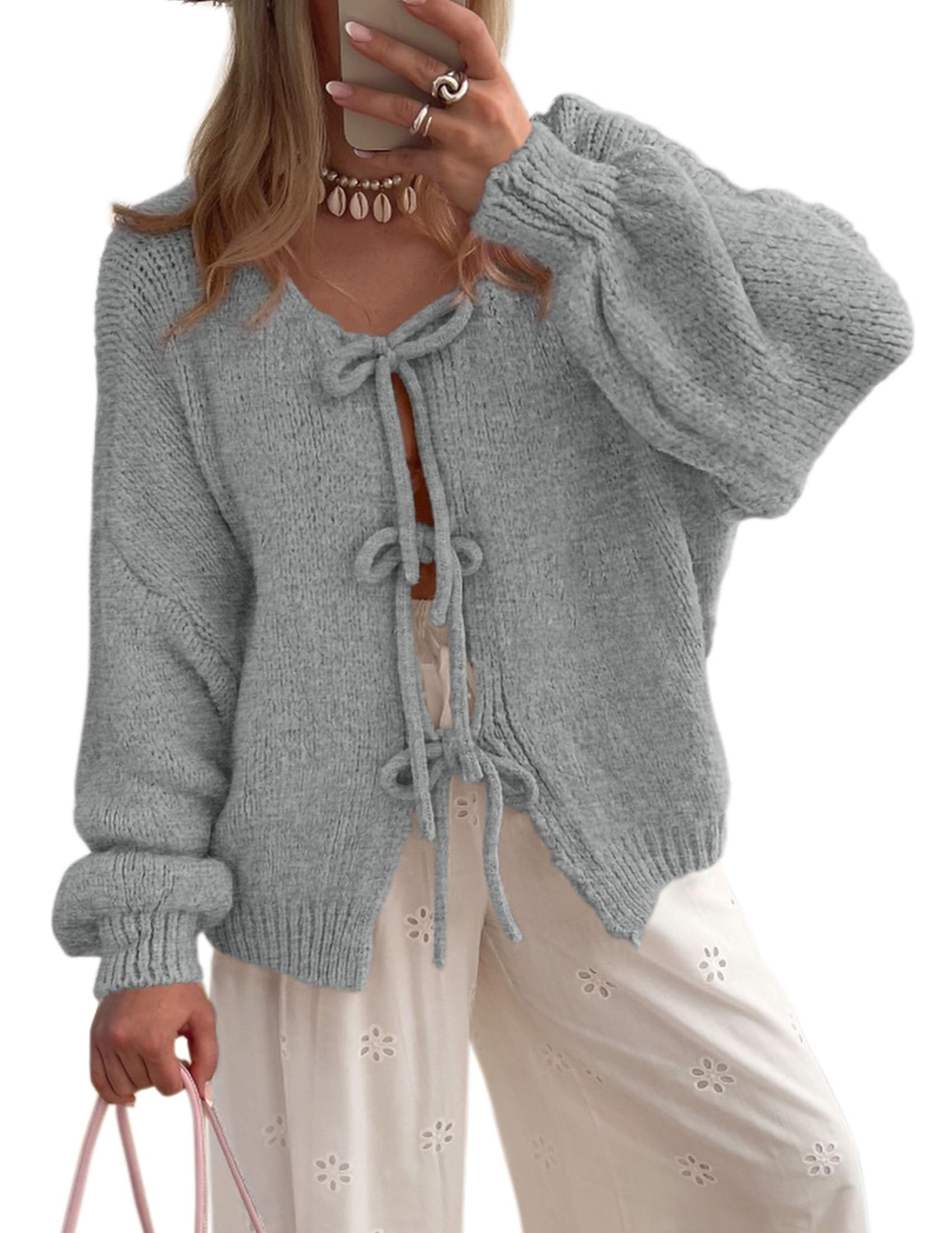 Women's Tie Front Bow Cardigan Sweaters(Light Grey,Small)
