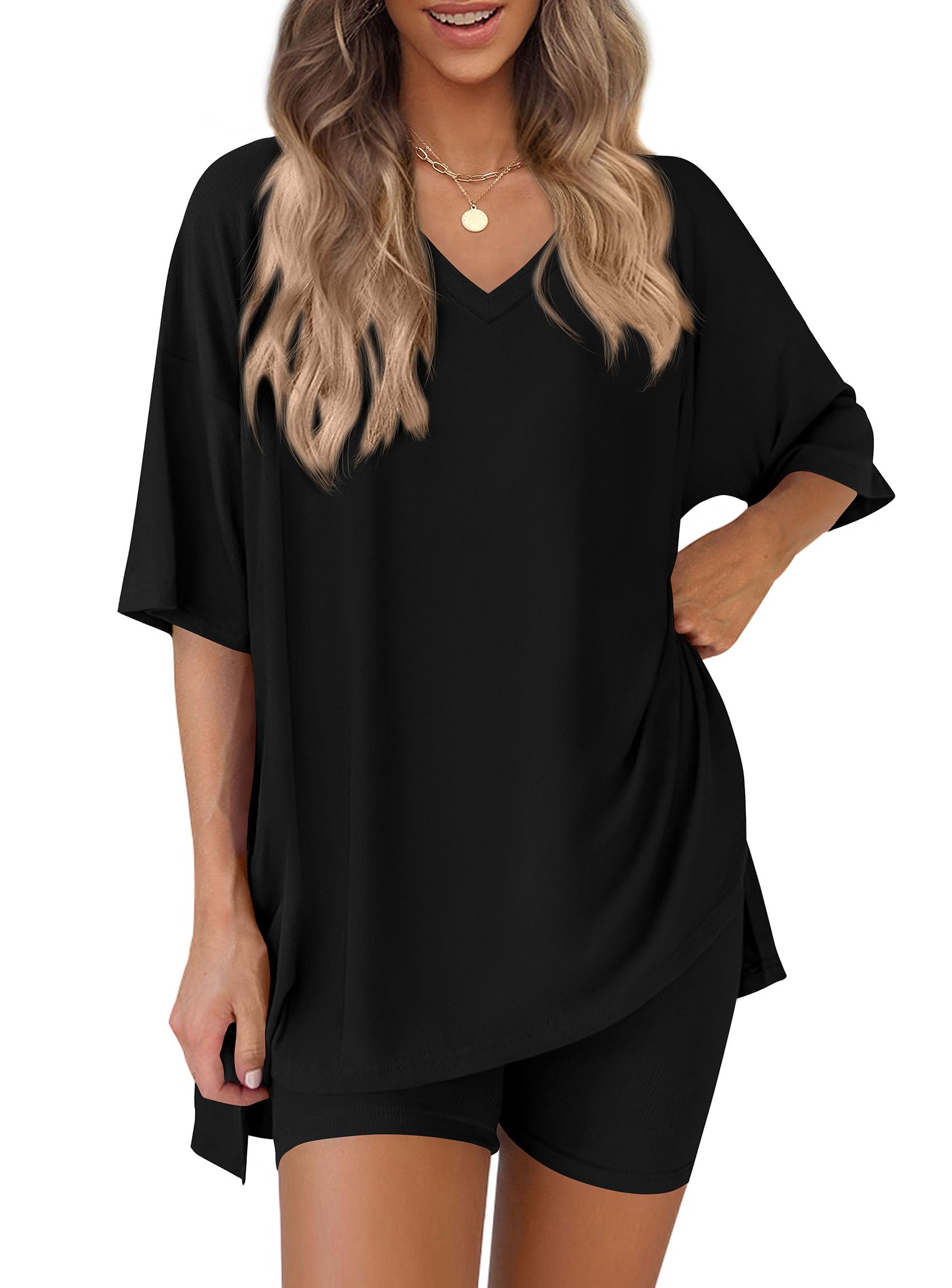 Womens 2 Piece Outfit Lounge Short Sets,Black,S