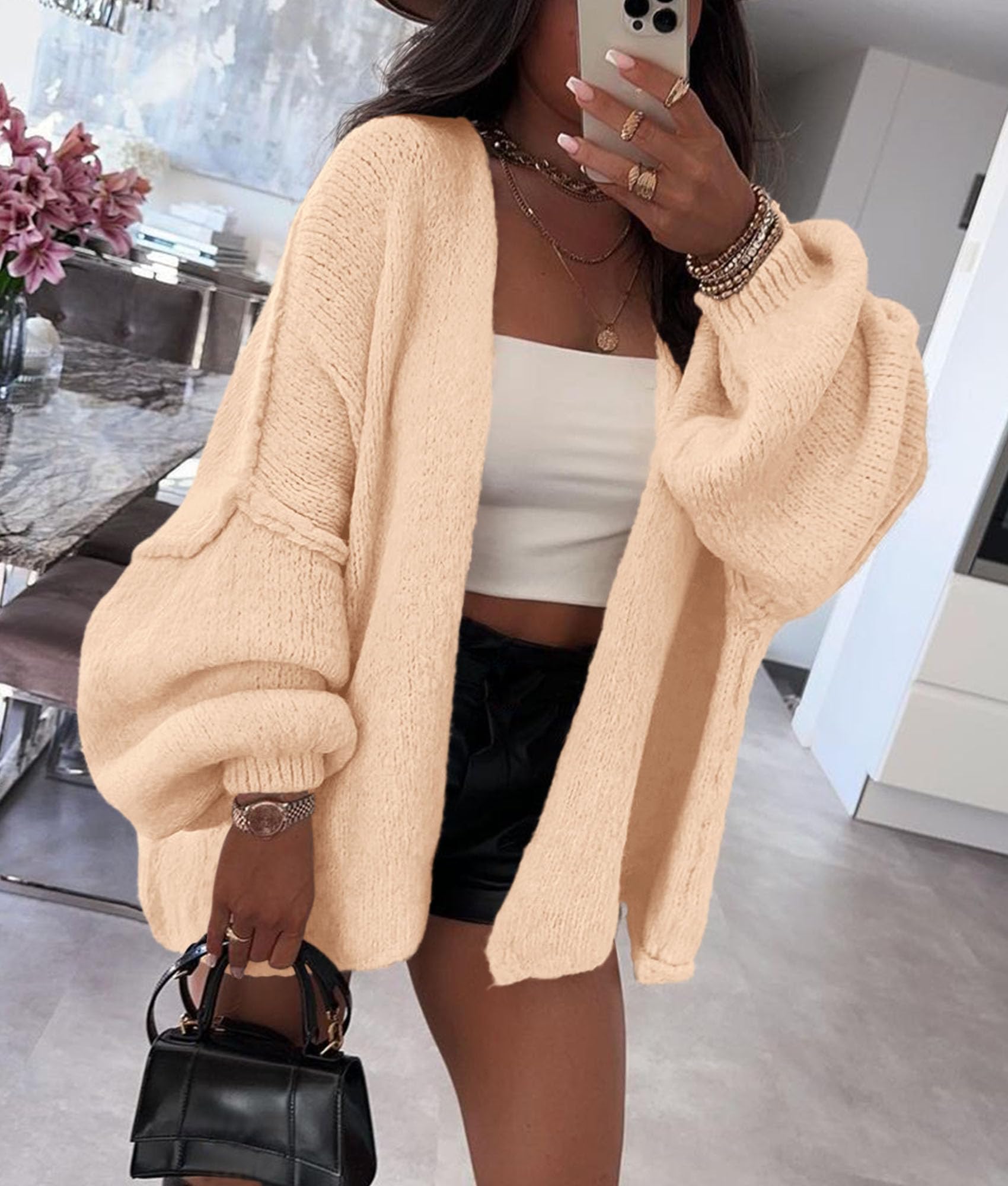 Womens Open Front Oversized Cardigan Sweaters,Apricot,XS