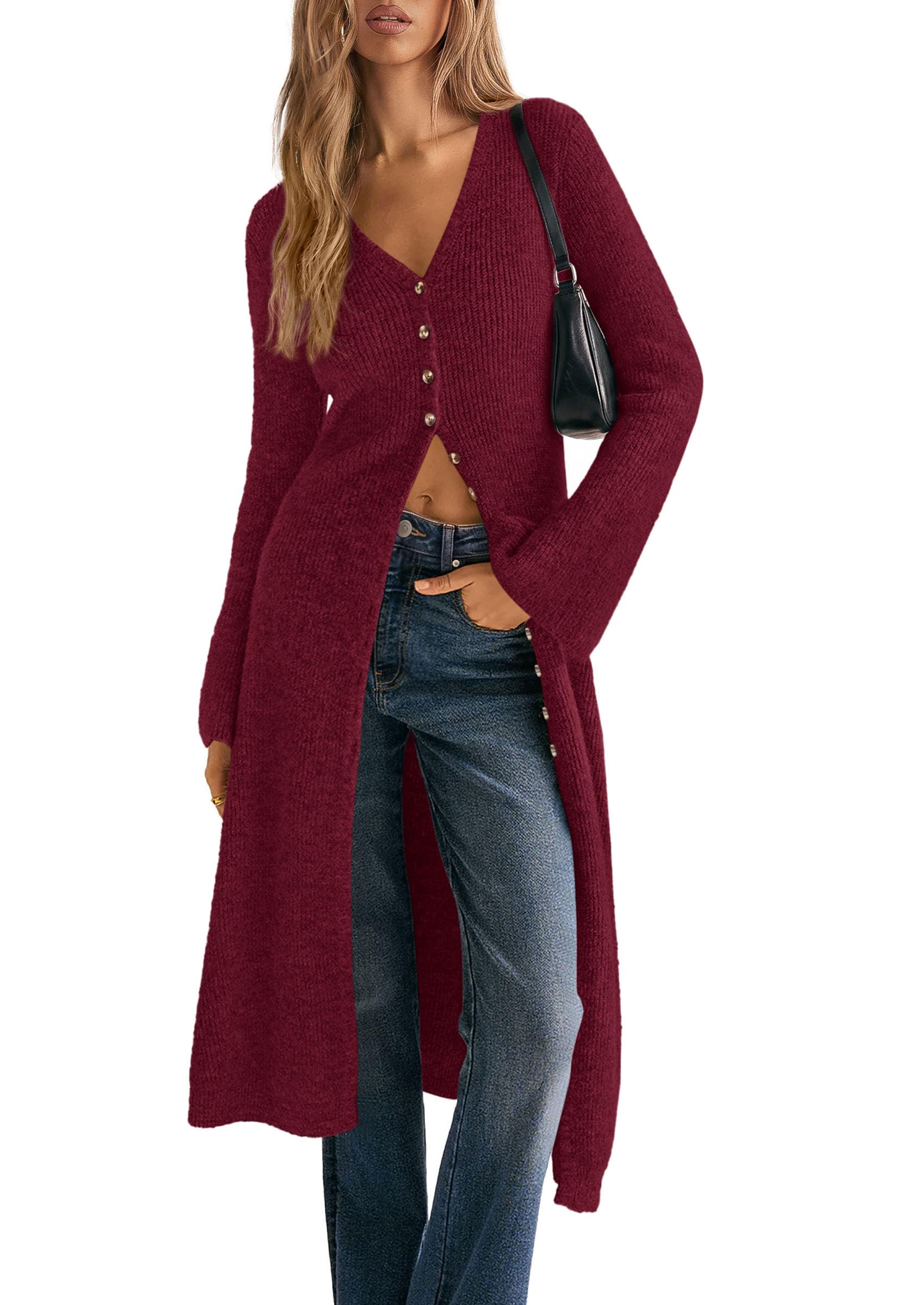 Women Long Cardigan Bell Sleeve Sweater Dress (Wine Red,S)