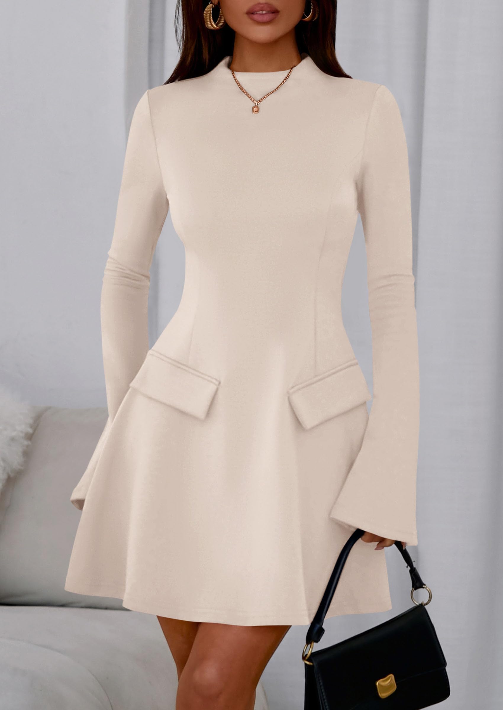 Women's Fall Bell Sleeve Short Dress,Beige Apricot,L